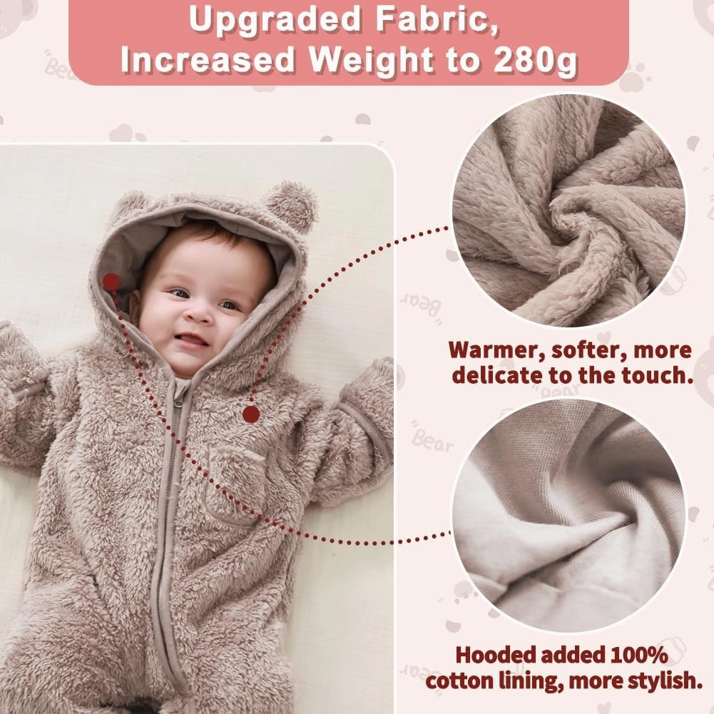 Newborn Baby Bear Outfit With Fold-Over Mittens and Footies Girls Boys Winter Fleece Clothes Hooded Romper Snowsuit