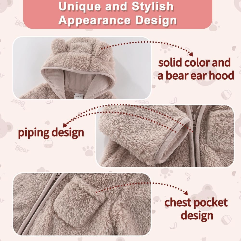 Newborn Baby Bear Outfit With Fold-Over Mittens and Footies Girls Boys Winter Fleece Clothes Hooded Romper Snowsuit