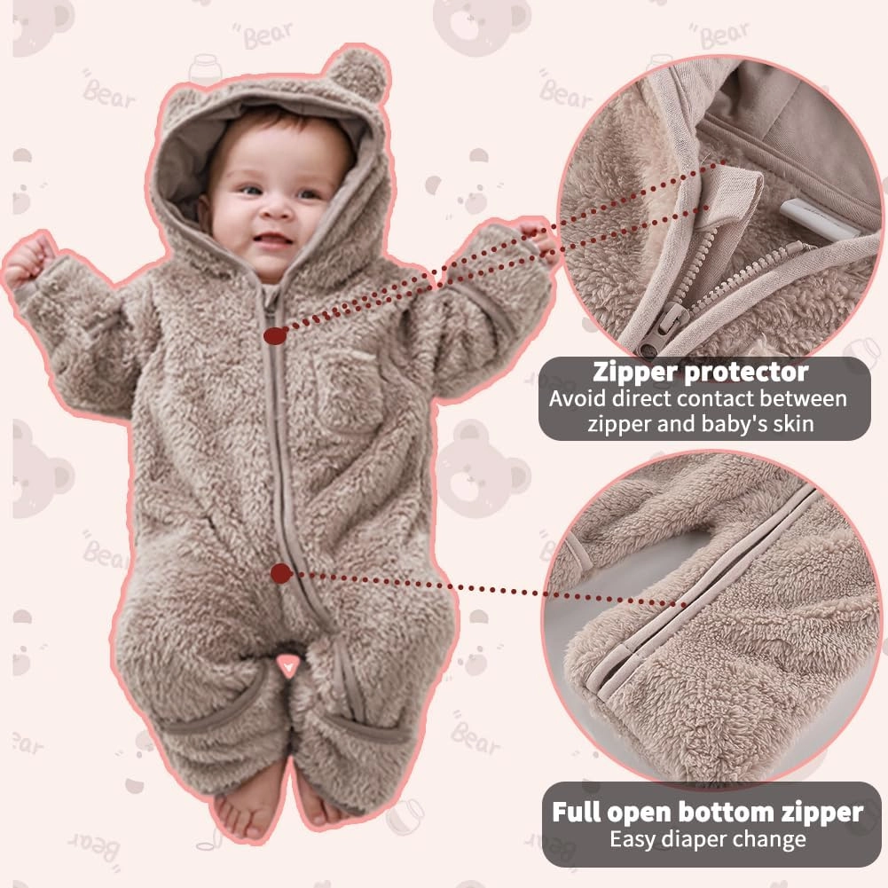 Newborn Baby Bear Outfit With Fold-Over Mittens and Footies Girls Boys Winter Fleece Clothes Hooded Romper Snowsuit