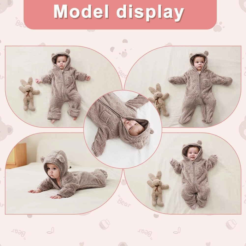 Newborn Baby Bear Outfit With Fold-Over Mittens and Footies Girls Boys Winter Fleece Clothes Hooded Romper Snowsuit