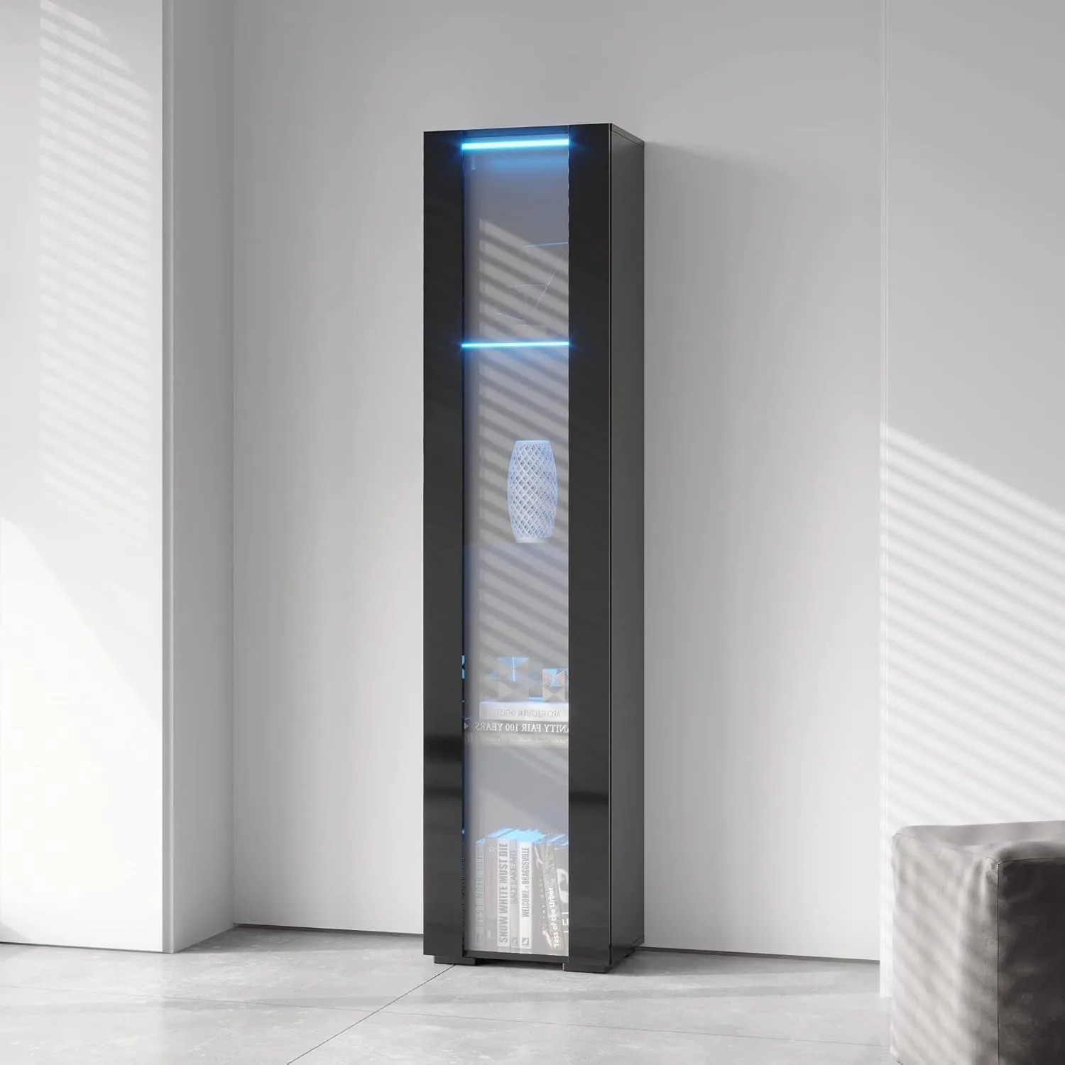 NicBex Storage Cabinet Modern Pantry Cabinet Freestanding Kitchen Pantry Cabinet Side Cabinet with Aluminum Strip Lamp with Large Storage Space for Kitchen, Dining Room, Living Room, Black