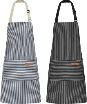 NLUS 2 Pcs Kitchen Cooking Aprons, Poly/Cotton Blend Adjustable Soft Bib Stripe Aprons with 2 Pockets for Women Men Chef (Blue Pinstripes/Black Pinstripes)
