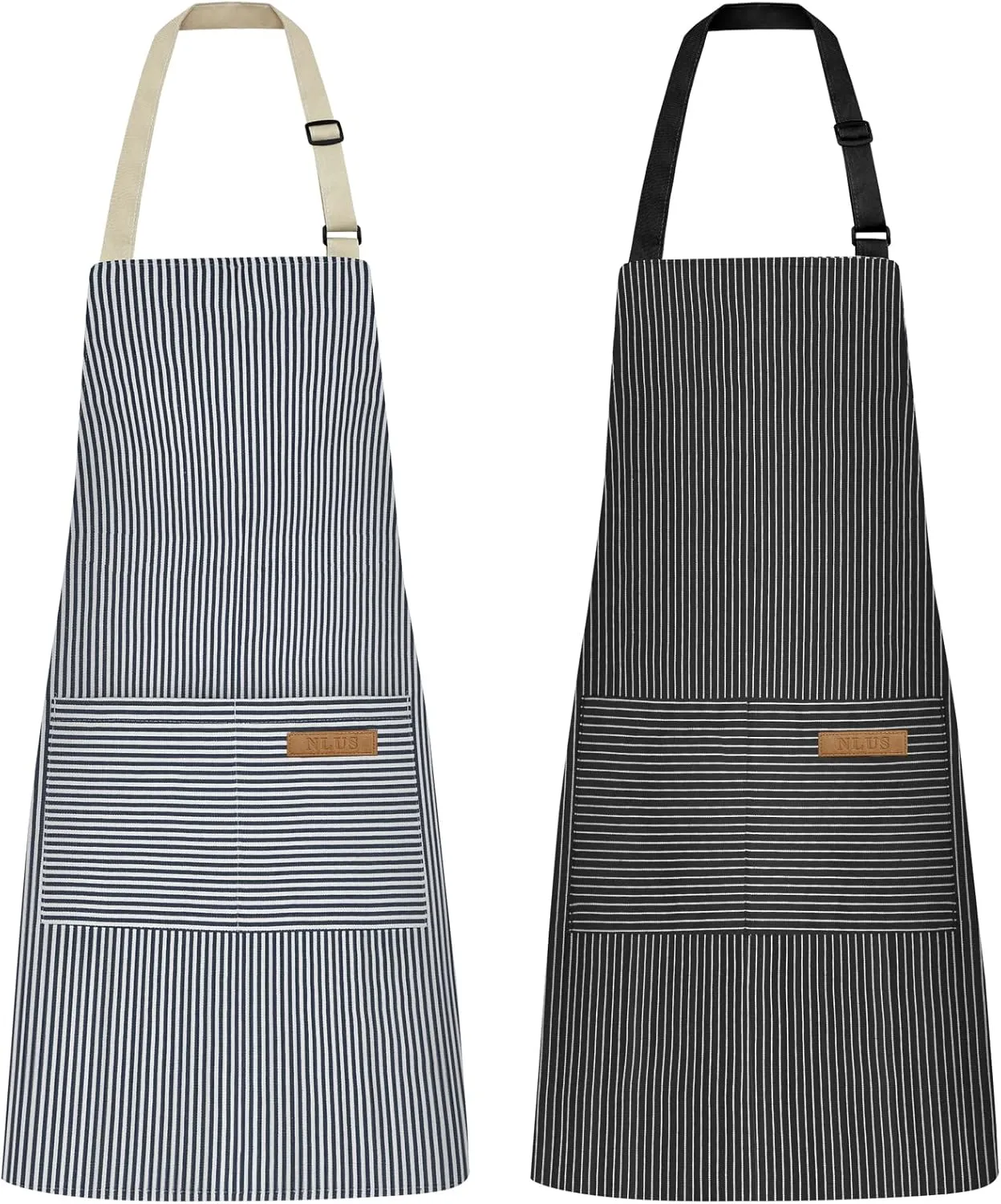 NLUS 2 Pcs Kitchen Cooking Aprons, Poly/Cotton Blend Adjustable Soft Bib Stripe Aprons with 2 Pockets for Women Men Chef (Blue Pinstripes/Black Pinstripes)