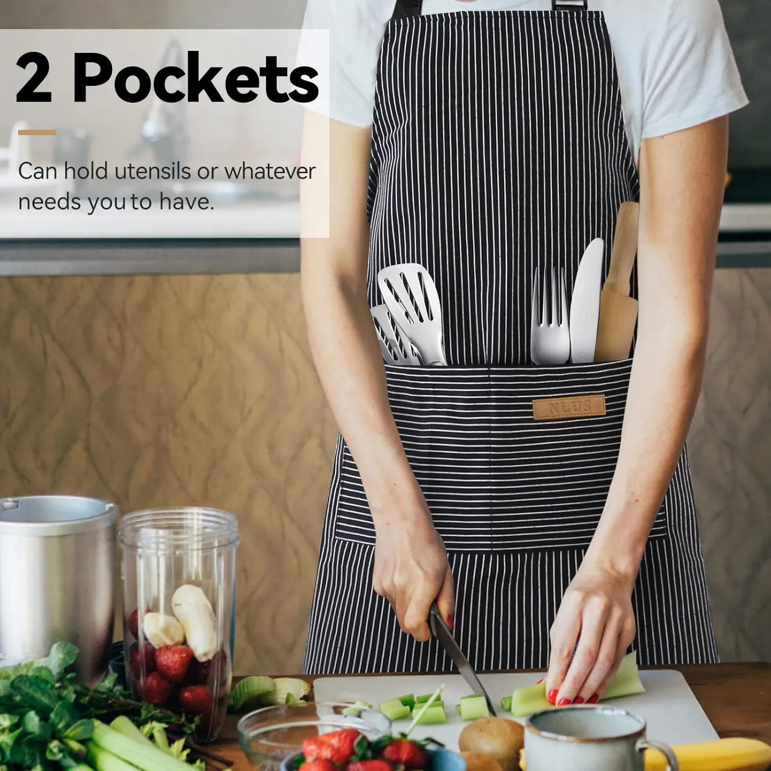 NLUS 2 Pcs Kitchen Cooking Aprons, Poly/Cotton Blend Adjustable Soft Bib Stripe Aprons with 2 Pockets for Women Men Chef (Blue Pinstripes/Black Pinstripes)