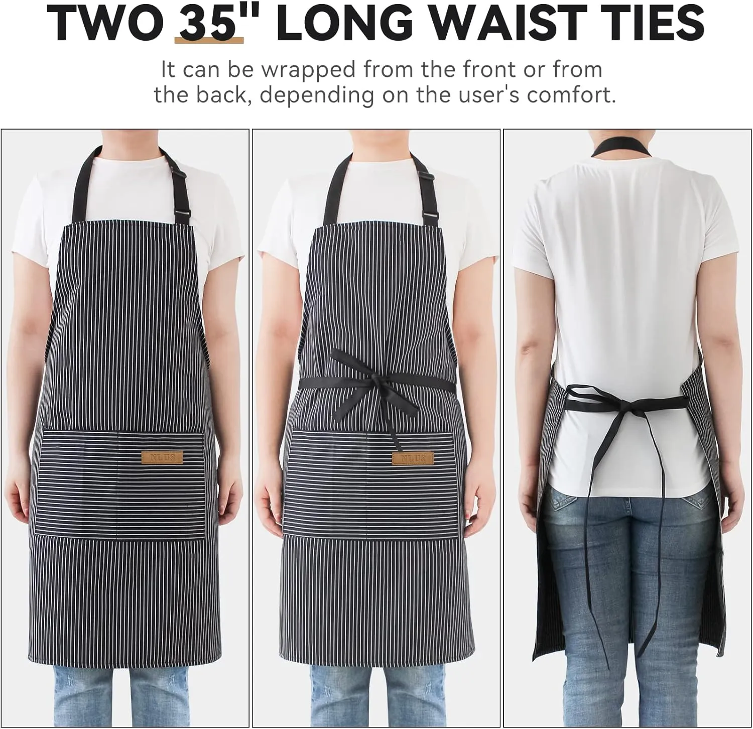 NLUS 2 Pcs Kitchen Cooking Aprons, Poly/Cotton Blend Adjustable Soft Bib Stripe Aprons with 2 Pockets for Women Men Chef (Blue Pinstripes/Black Pinstripes)