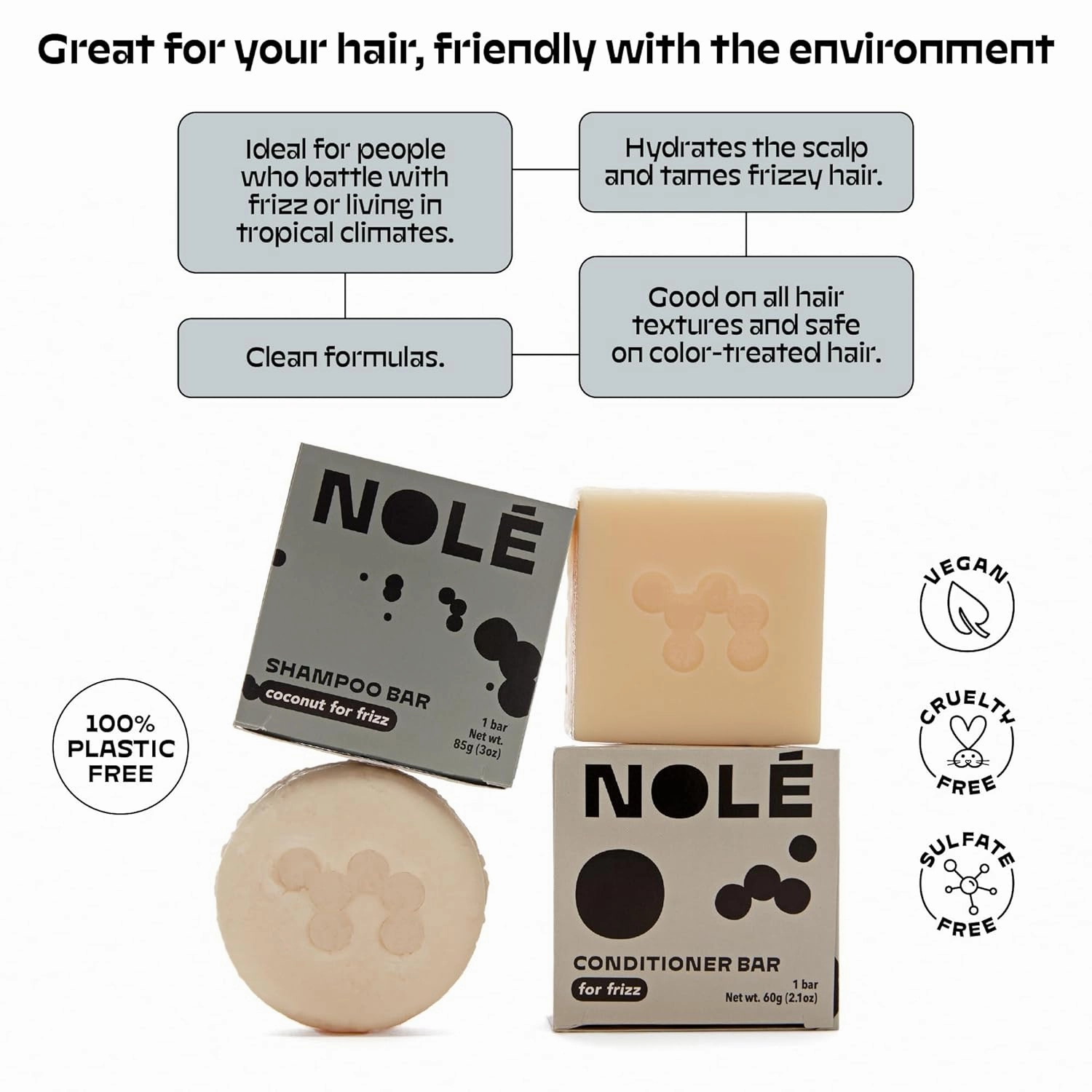 NOLE CARE Coconut Haircare Essential Set - Bar Shampoo and Conditioner, Moisturizes Frizzy Hair, Protects for Sleek Look, Perfect for Gifting, Sustainable, 100% Plastic-Free Packaging