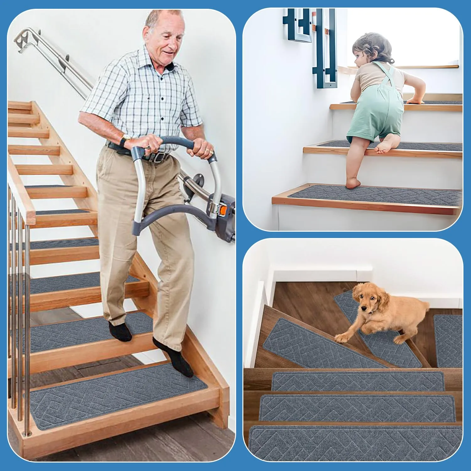 Non Slip Stair Treads for Wooden Steps,15 Pack 8" X 30" Stairs Carpet Treads Indoor with Reusable Peel and Stick Adhesive for Kids Elders and Pets