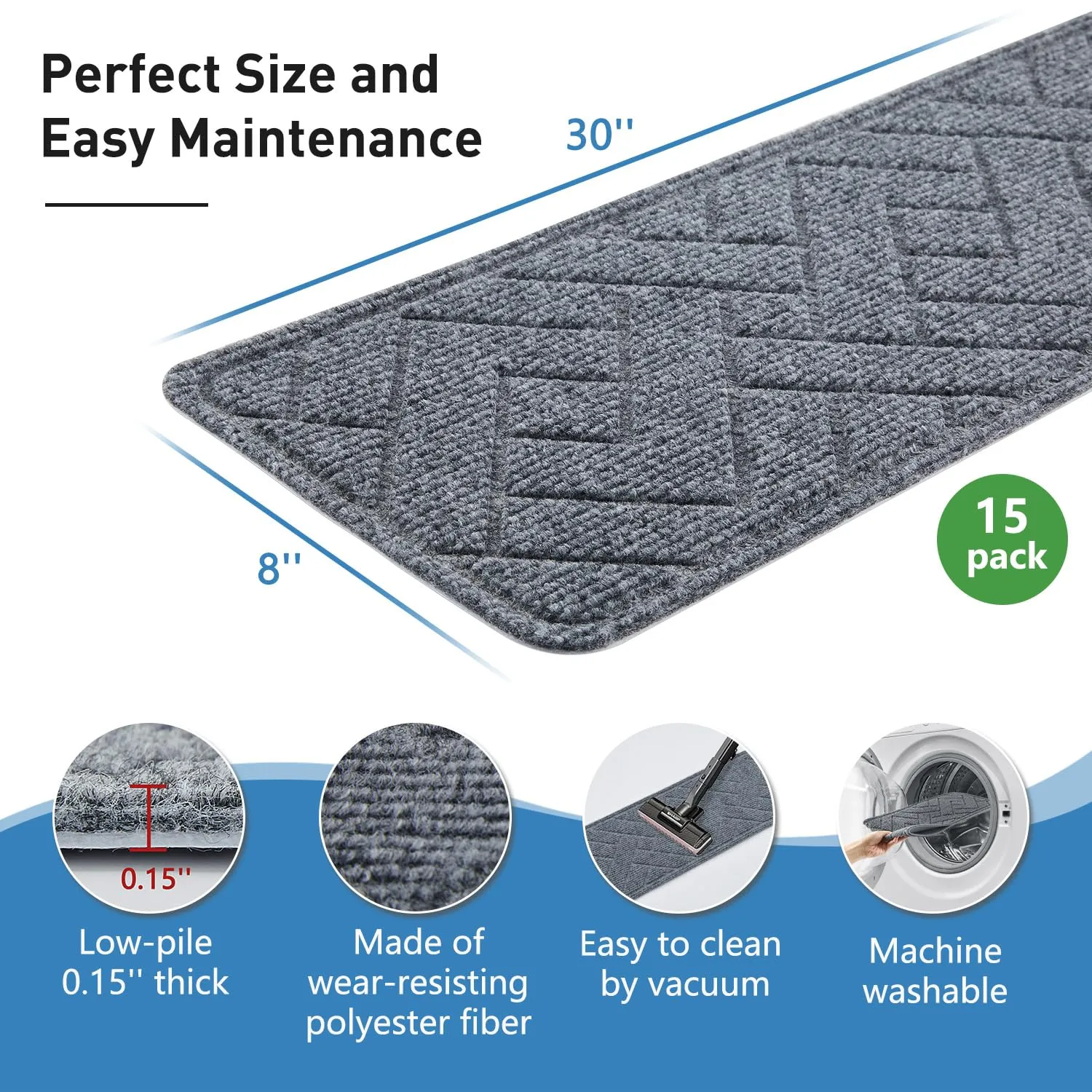 Non Slip Stair Treads for Wooden Steps,15 Pack 8" X 30" Stairs Carpet Treads Indoor with Reusable Peel and Stick Adhesive for Kids Elders and Pets