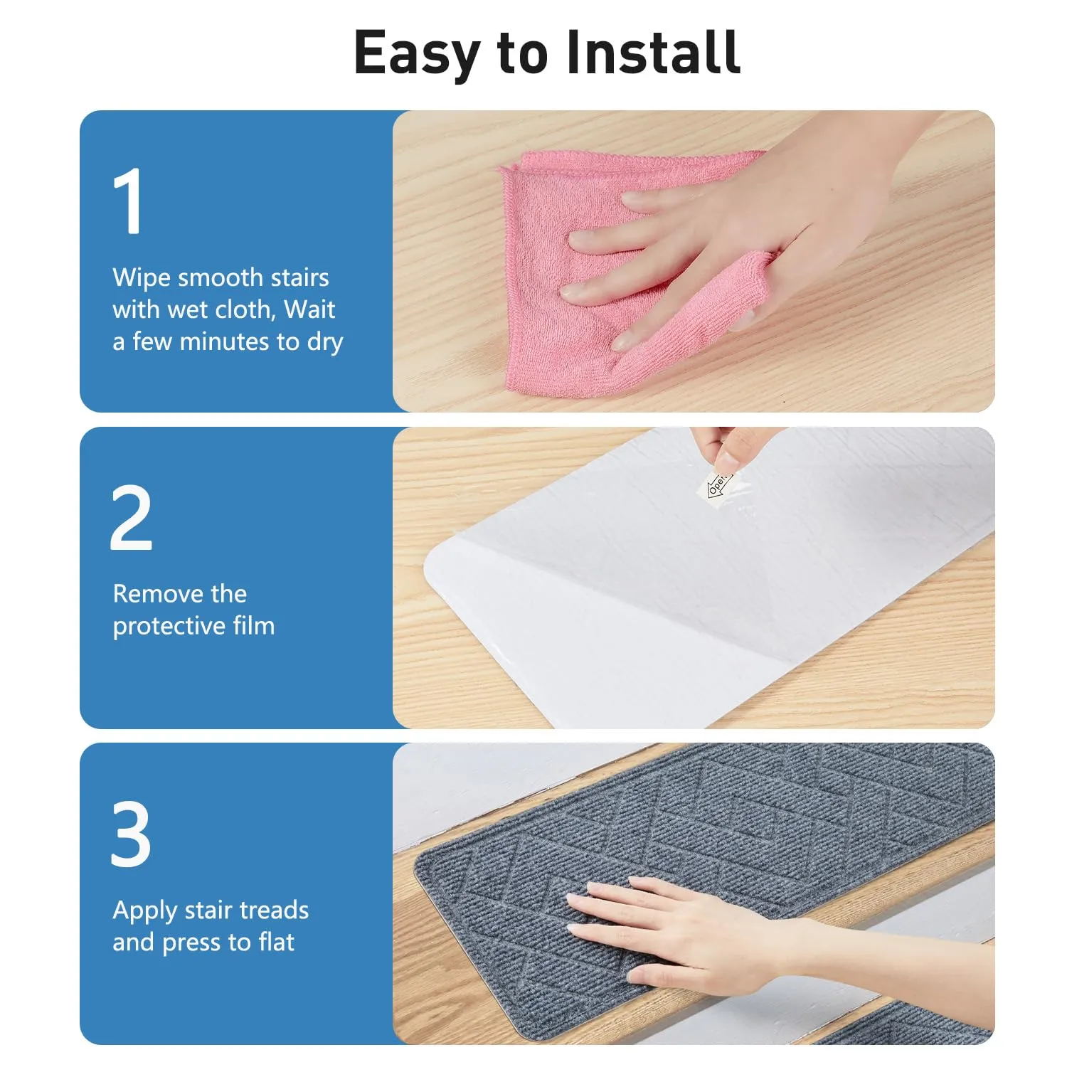 Non Slip Stair Treads for Wooden Steps,15 Pack 8" X 30" Stairs Carpet Treads Indoor with Reusable Peel and Stick Adhesive for Kids Elders and Pets