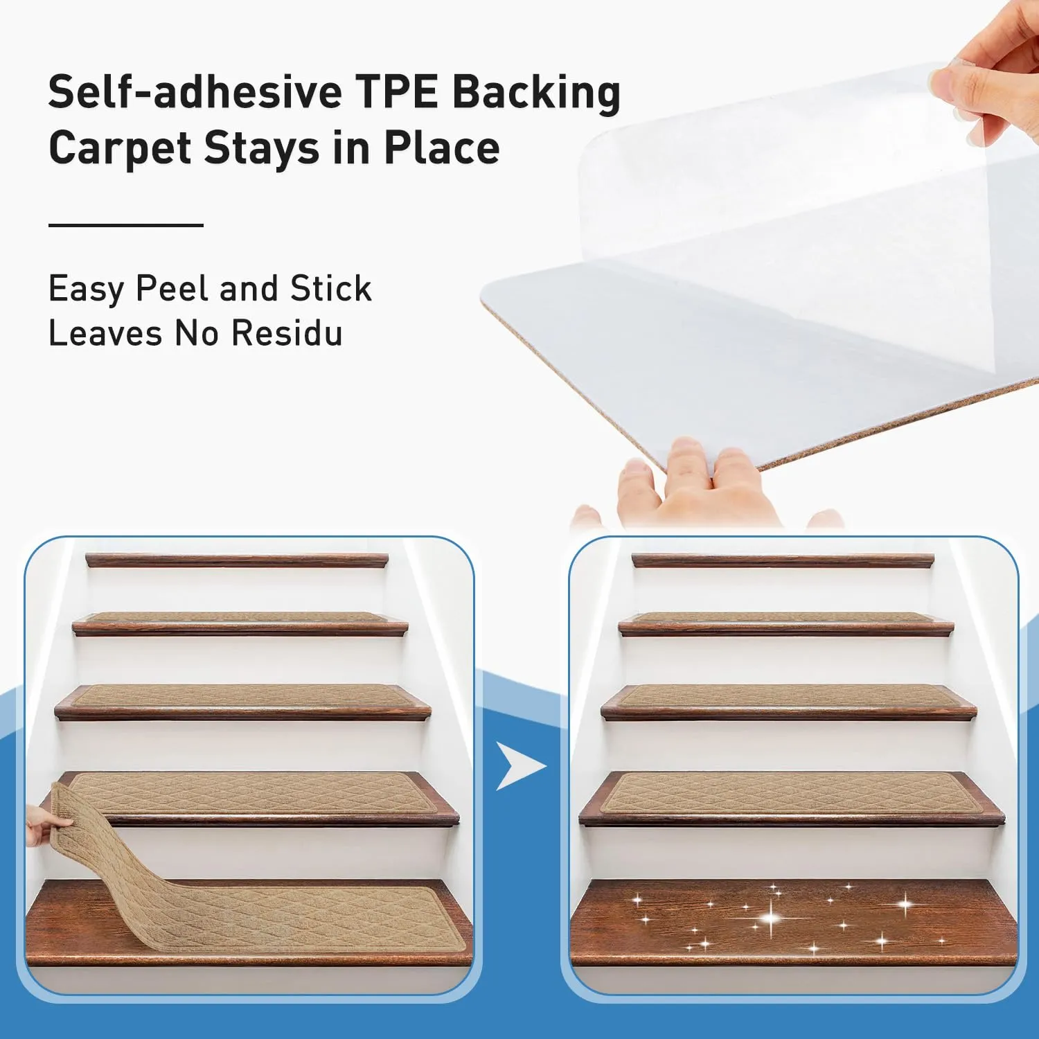 Non Slip Stair Treads for Wooden Steps,15 Pack 8" X 30" Stairs Carpet Treads Indoor with Reusable Peel and Stick Adhesive for Kids Elders and Pets,Polyester TPR Backing