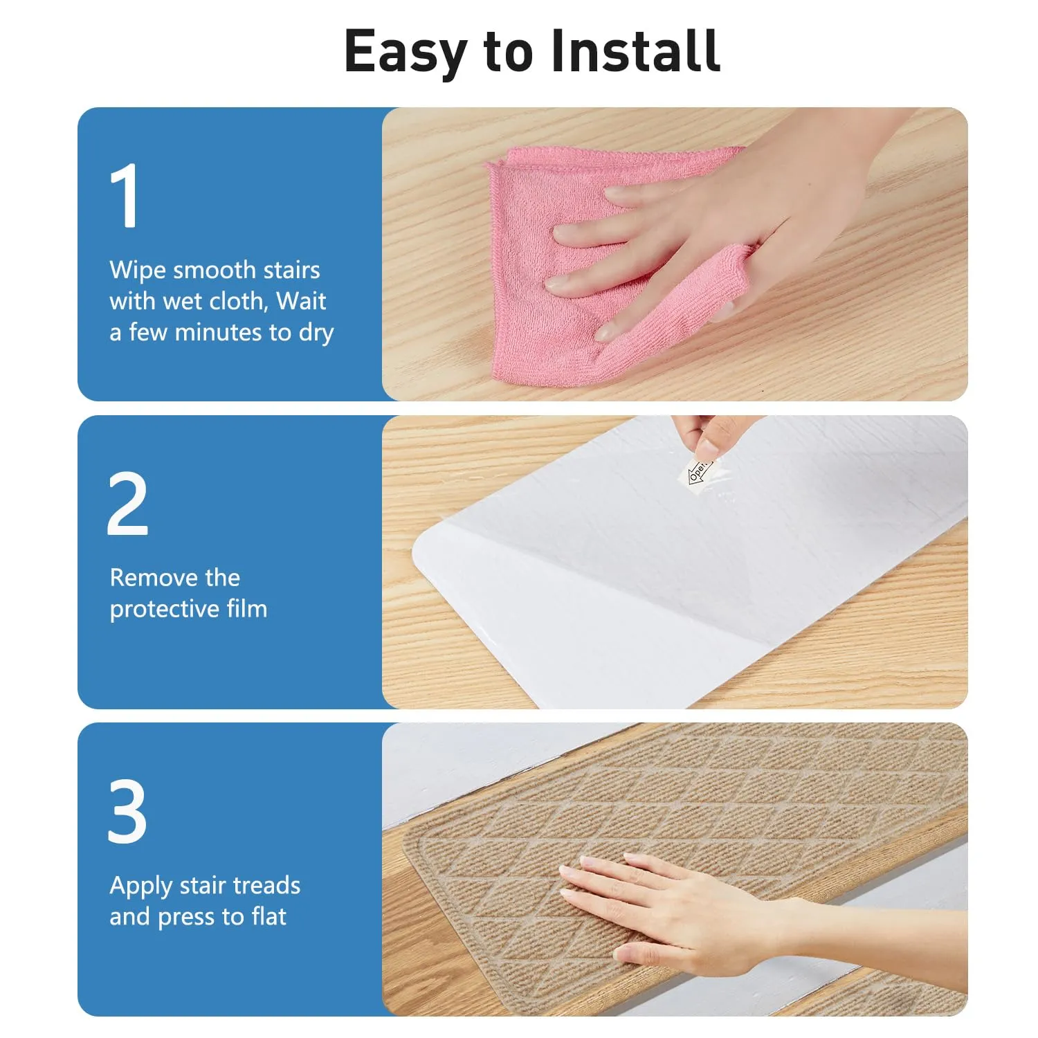 Non Slip Stair Treads for Wooden Steps,15 Pack 8" X 30" Stairs Carpet Treads Indoor with Reusable Peel and Stick Adhesive for Kids Elders and Pets,Polyester TPR Backing