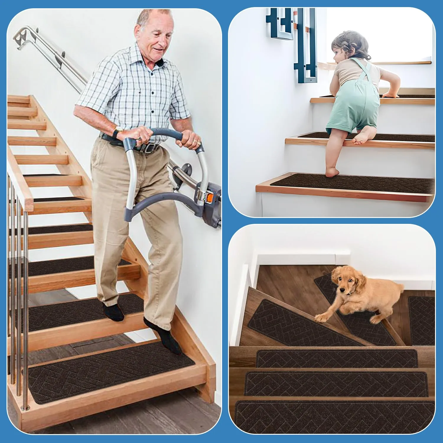 Non Slip Stair Treads for Wooden Steps,15 Pack 8" X 30" Stairs Carpet Treads Indoor with Reusable Peel and Stick Adhesive for Kids Elders and Pets,Polyester TPR Backing