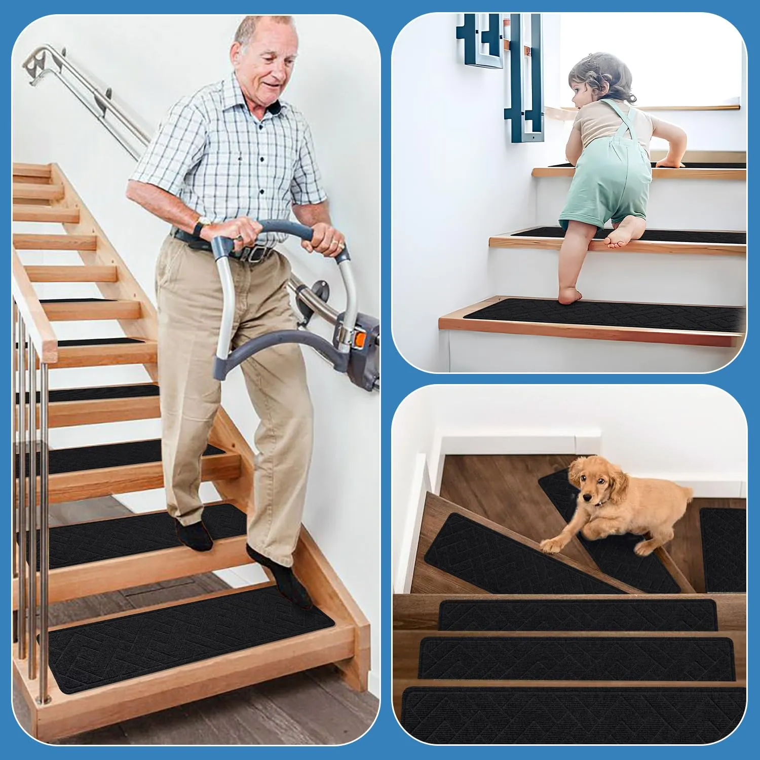 Non Slip Stair Treads for Wooden Steps,15 Pack 8" X 30" Stairs Carpet Treads Indoor with Reusable Peel and Stick Adhesive for Kids Elders and Pets,Polyester TPR Backing