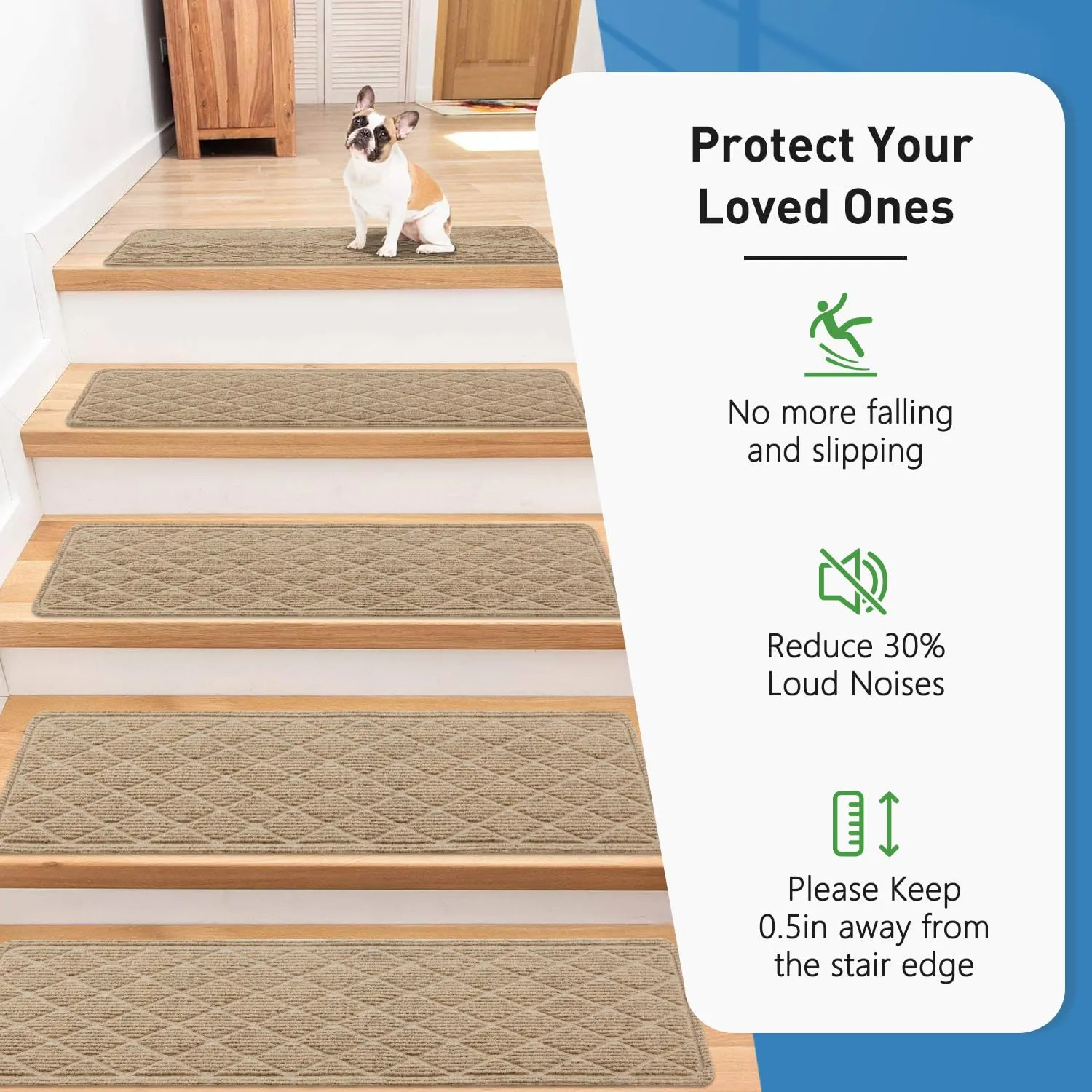 Non Slip Stair Treads for Wooden Steps,15 Pack 8" X 30" Stairs Carpet Treads Indoor with Reusable Peel and Stick Adhesive for Kids Elders and Pets,Polyester TPR Backing