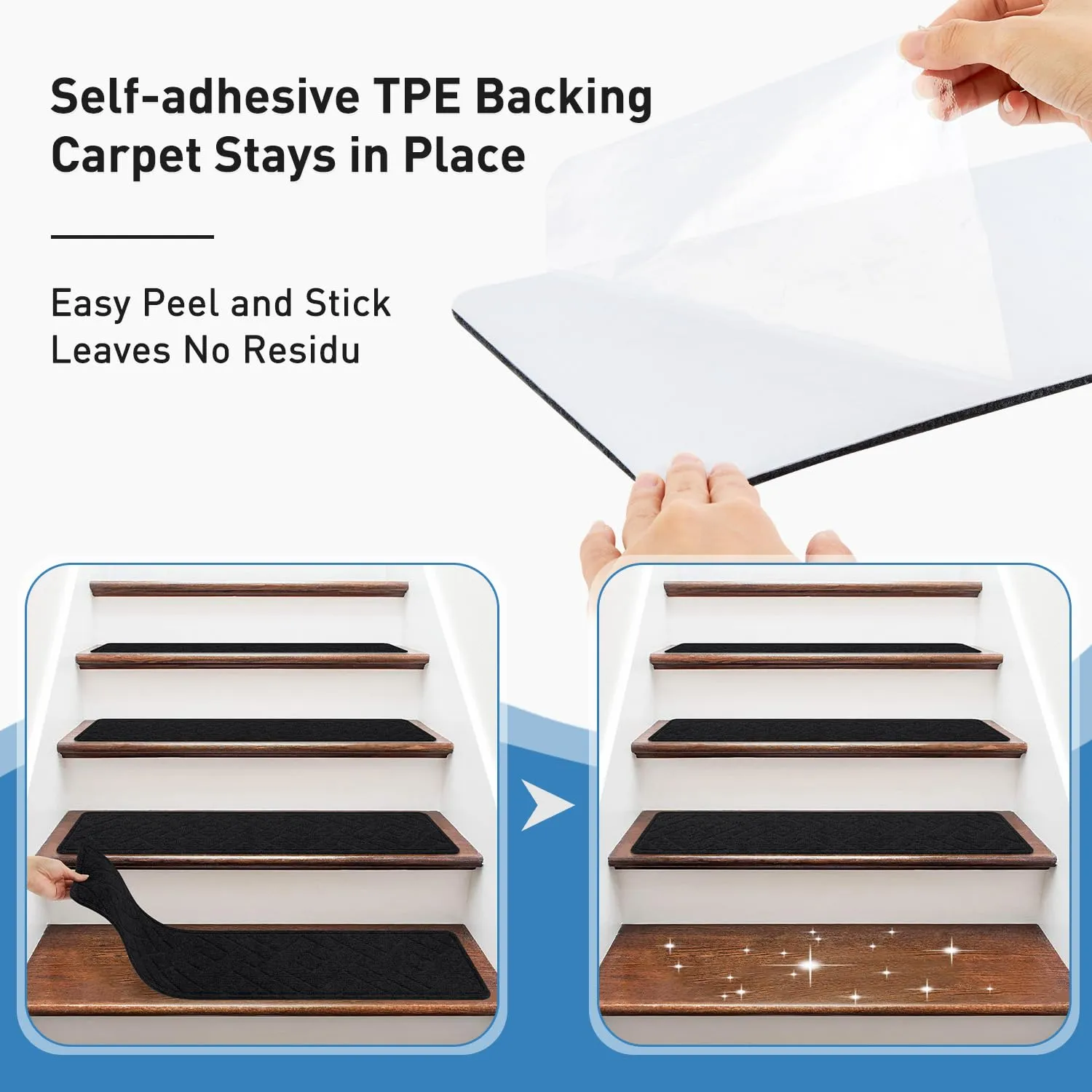 Non Slip Stair Treads for Wooden Steps,15 Pack 8" X 30" Stairs Carpet Treads Indoor with Reusable Peel and Stick Adhesive for Kids Elders and Pets,Polyester TPR Backing