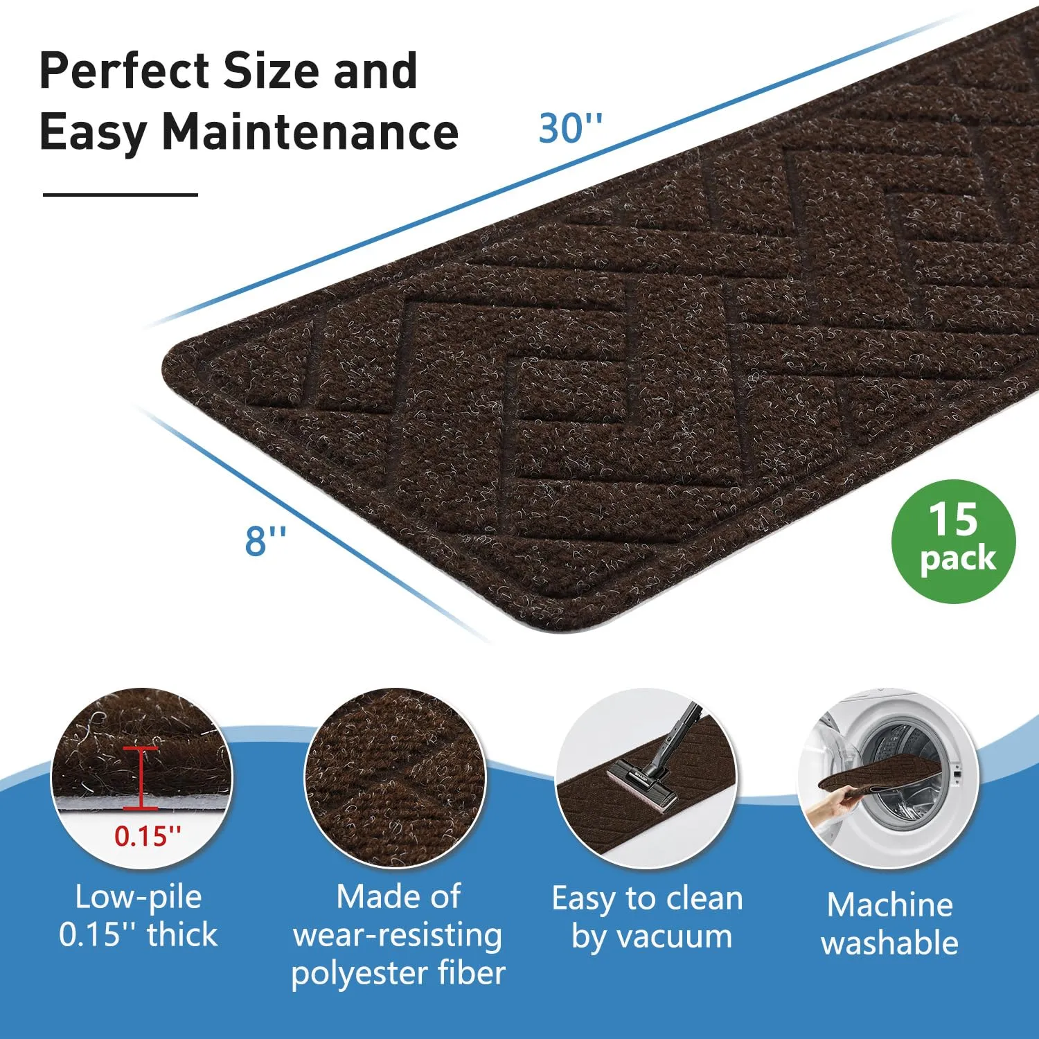 Non Slip Stair Treads for Wooden Steps,15 Pack 8" X 30" Stairs Carpet Treads Indoor with Reusable Peel and Stick Adhesive for Kids Elders and Pets,Polyester TPR Backing