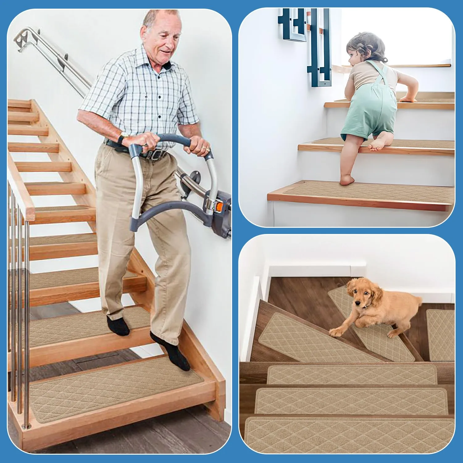 Non Slip Stair Treads for Wooden Steps,15 Pack 8" X 30" Stairs Carpet Treads Indoor with Reusable Peel and Stick Adhesive for Kids Elders and Pets,Polyester TPR Backing