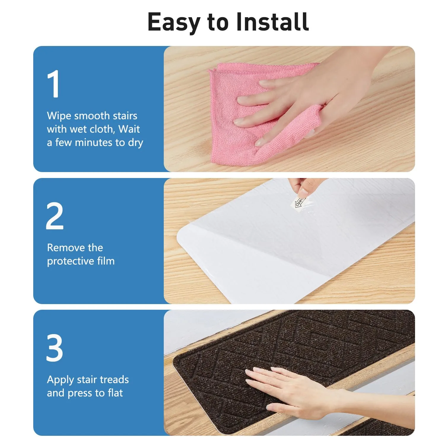 Non Slip Stair Treads for Wooden Steps,15 Pack 8" X 30" Stairs Carpet Treads Indoor with Reusable Peel and Stick Adhesive for Kids Elders and Pets,Polyester TPR Backing