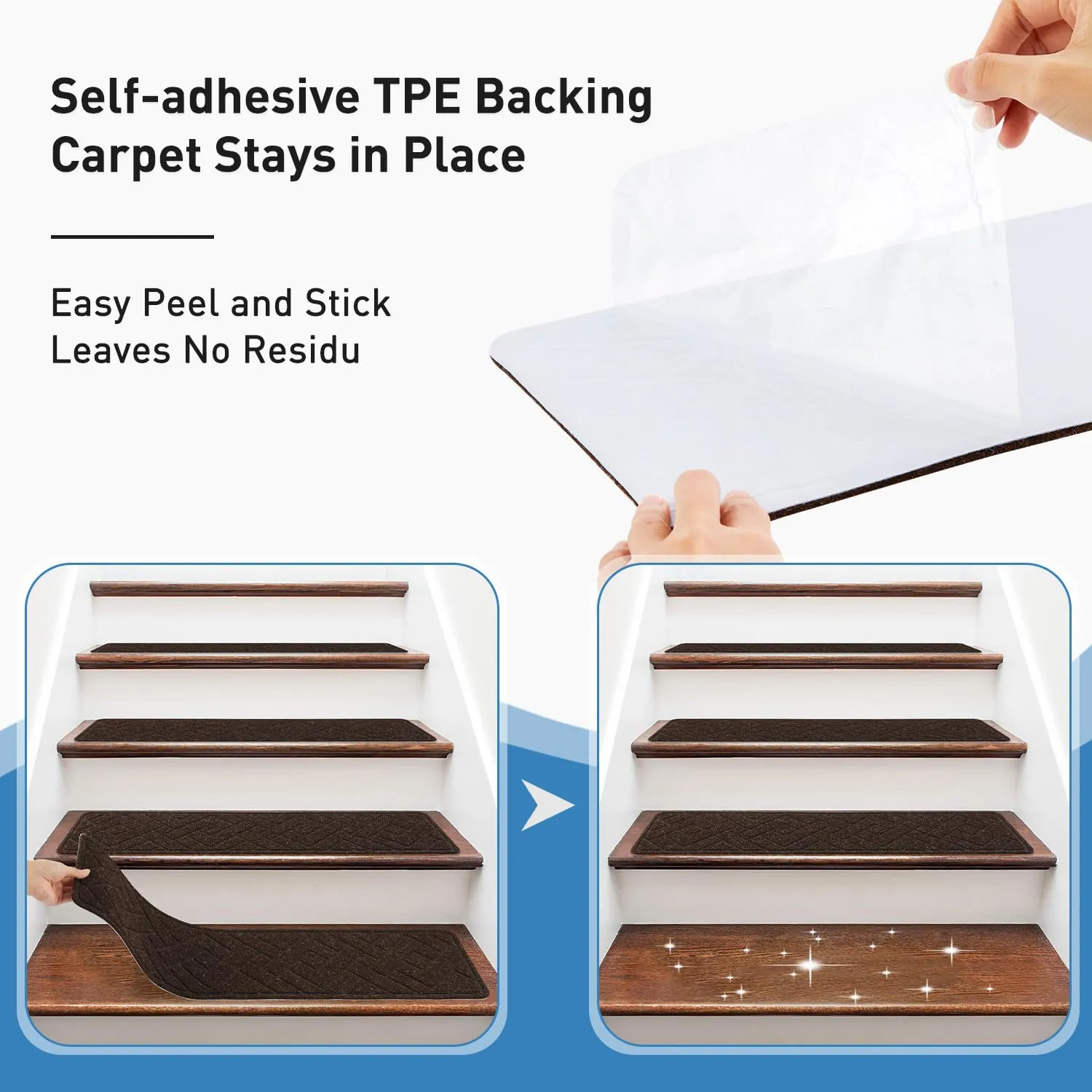 Non Slip Stair Treads for Wooden Steps,15 Pack 8" X 30" Stairs Carpet Treads Indoor with Reusable Peel and Stick Adhesive for Kids Elders and Pets,Polyester TPR Backing