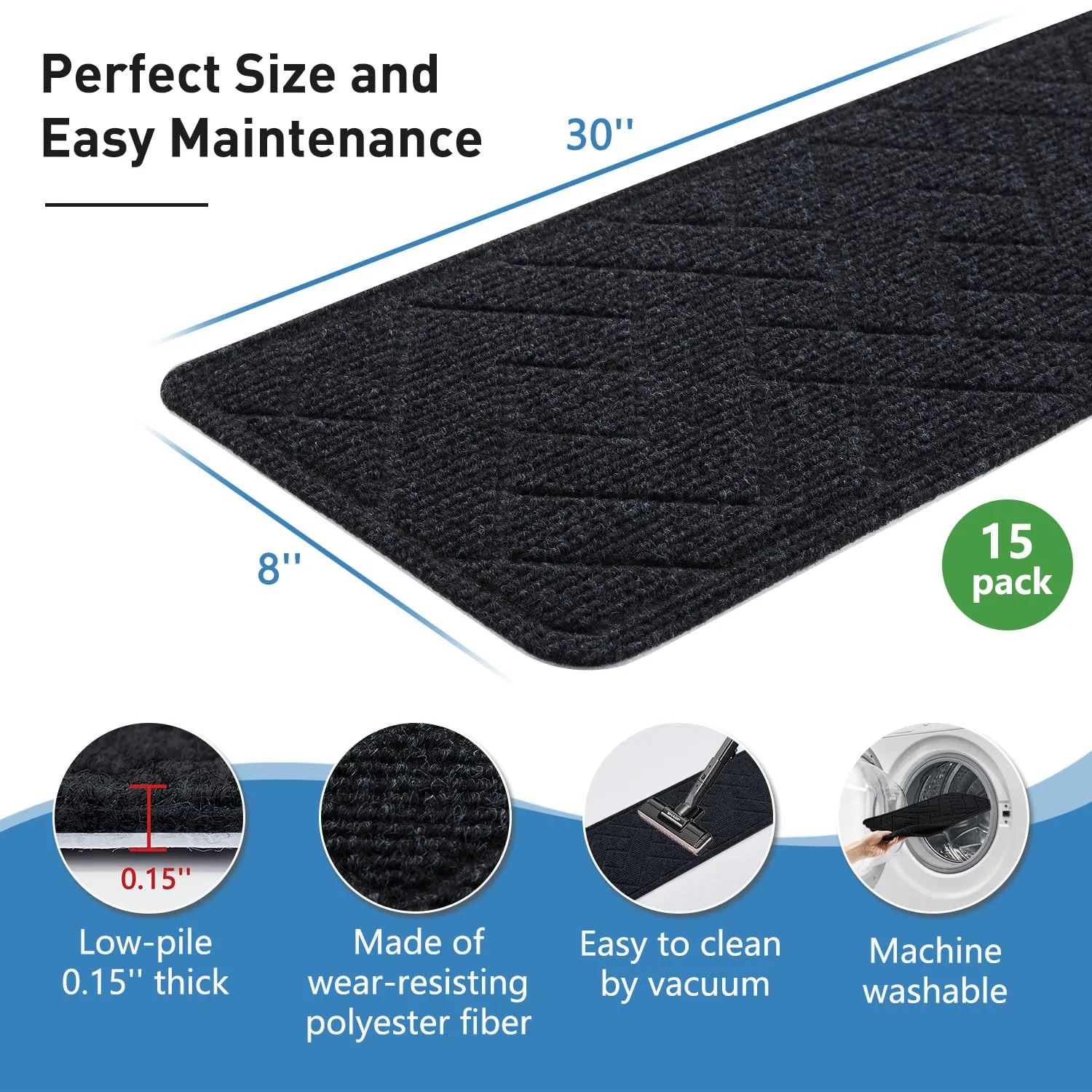 Non Slip Stair Treads for Wooden Steps,15 Pack 8" X 30" Stairs Carpet Treads Indoor with Reusable Peel and Stick Adhesive for Kids Elders and Pets,Polyester TPR Backing