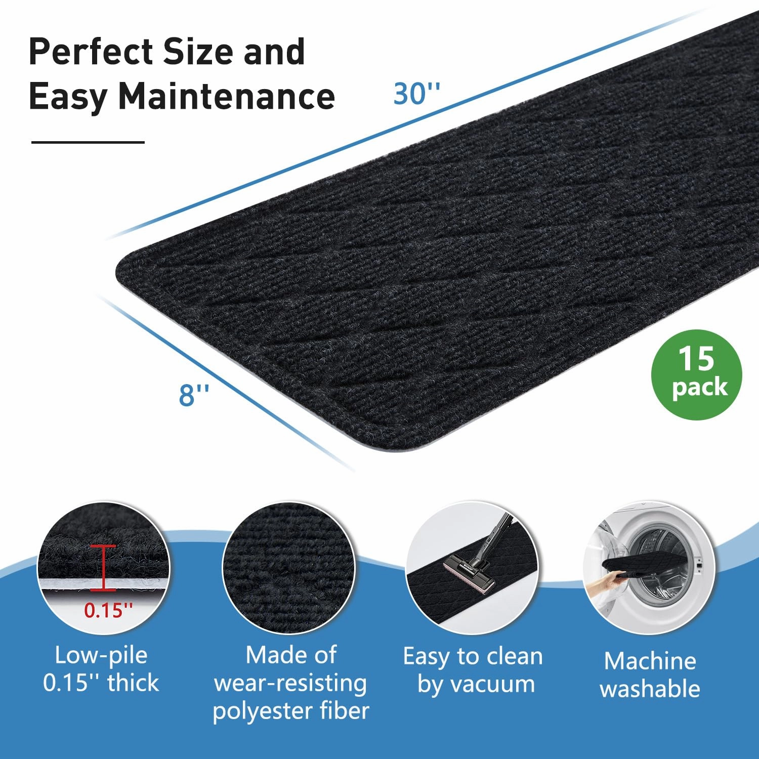Non Slip Stair Treads for Wooden Steps,15 Pack 8" X 30" Stairs Carpet Treads Indoor with Reusable Peel and Stick Adhesive for Kids Elders and Pets,Polyester TPR Backing