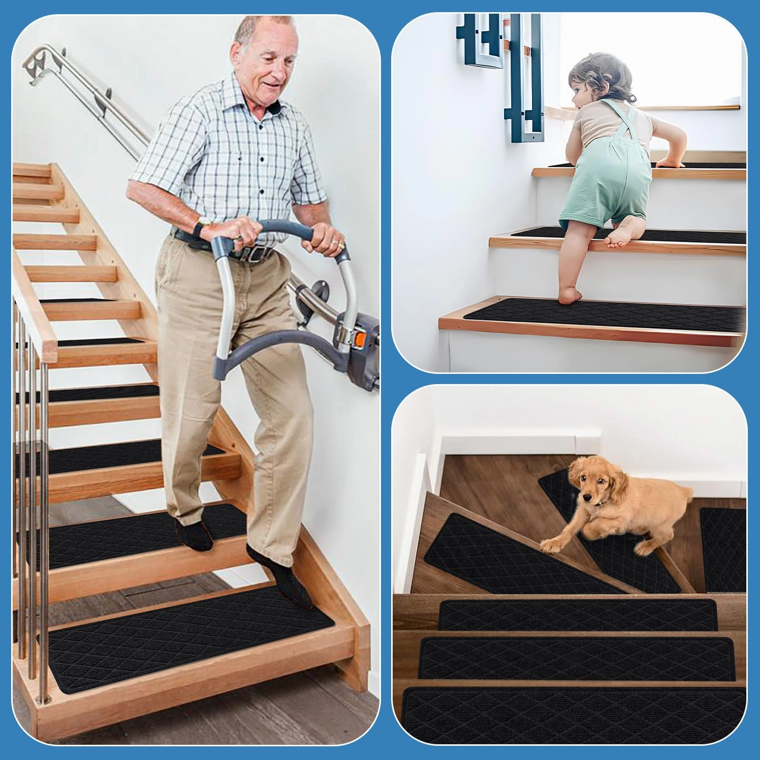 Non Slip Stair Treads for Wooden Steps,15 Pack 8" X 30" Stairs Carpet Treads Indoor with Reusable Peel and Stick Adhesive for Kids Elders and Pets,Polyester TPR Backing