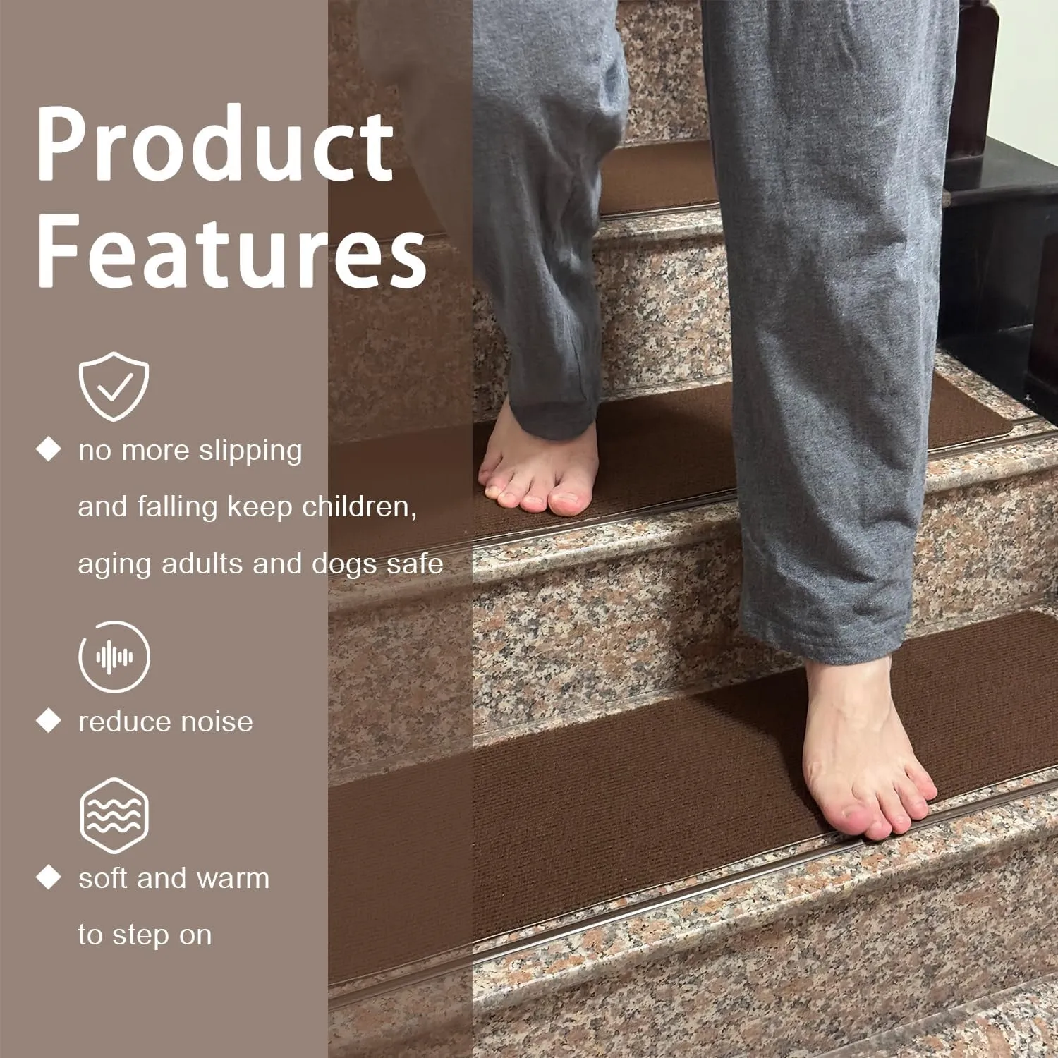 Nonslip Stair Treads Wooden Steps, 15 PCS 30" x 8" Safety Rug Slip Resistant Runner with Reusable Adhesive, Carpet Landing Mat for Family Elders Pets Soft Stair Mats Indoor (Beige)
