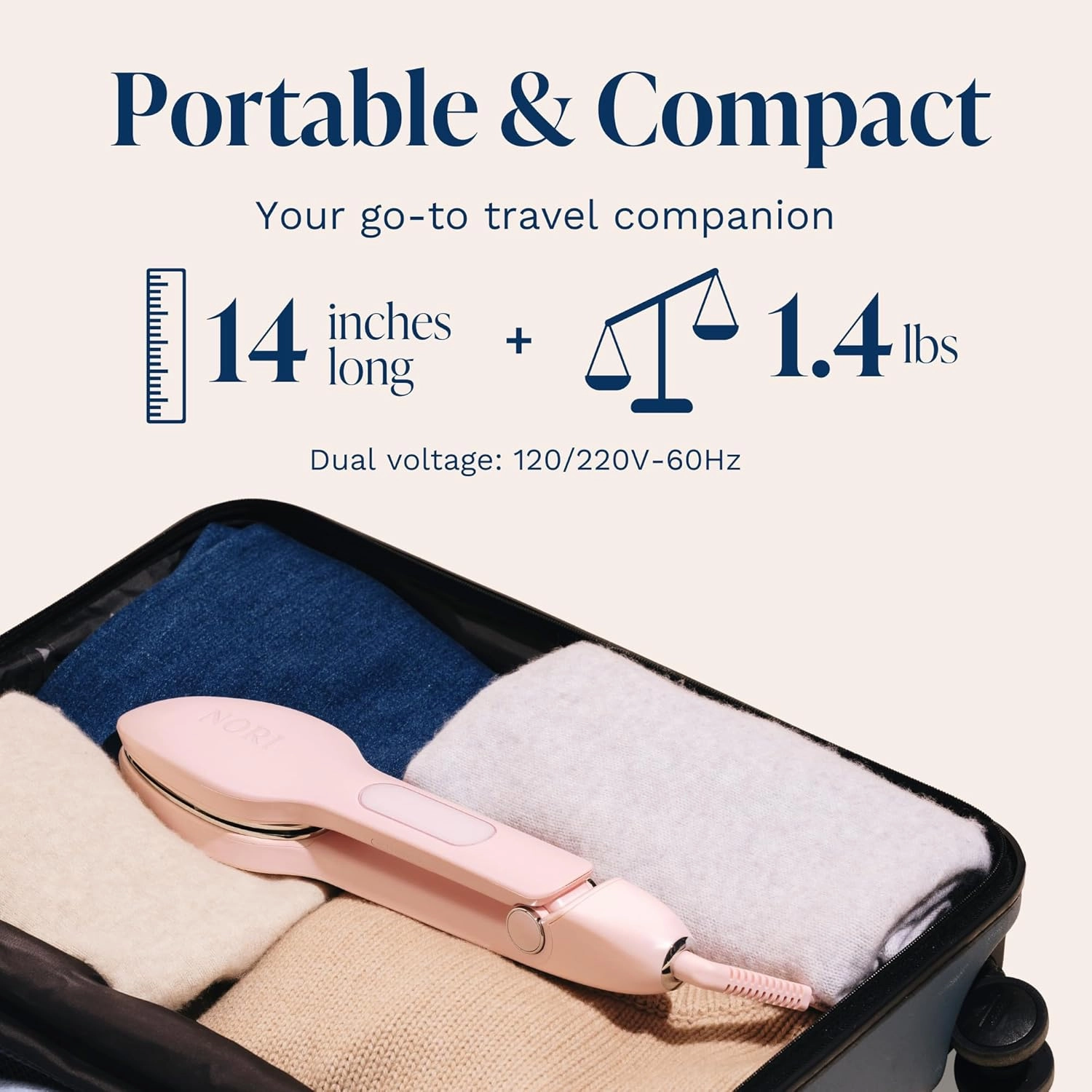 Nori Press Travel Steam Iron - Handheld Iron With Optional Steam Feature - No Ironing Board Required - Easy to Use w/ 6 Fabric Settings - Removes Wrinkles - Pink
