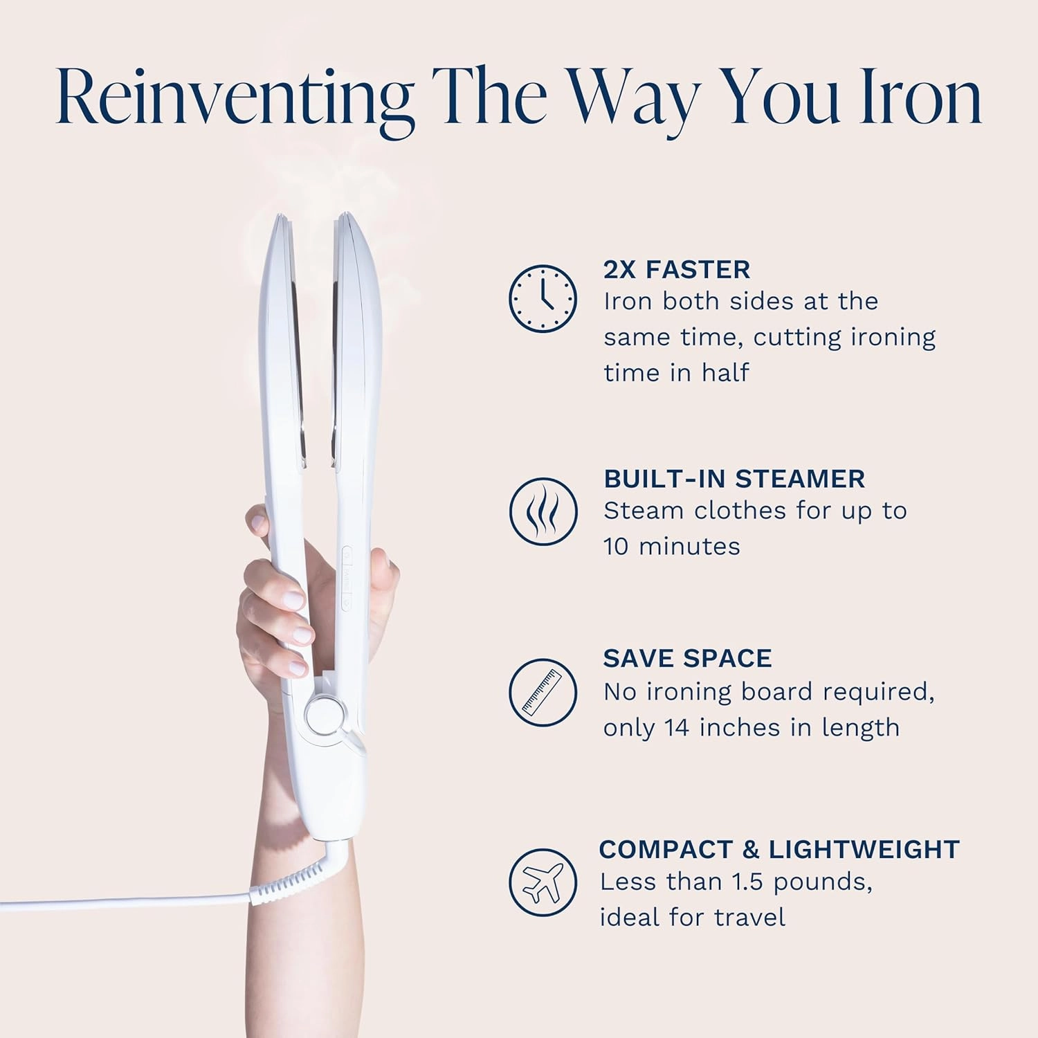Nori Press Travel Steam Iron - Handheld Iron With Optional Steam Feature - No Ironing Board Required - Easy to Use w/ 6 Fabric Settings - Removes Wrinkles - White