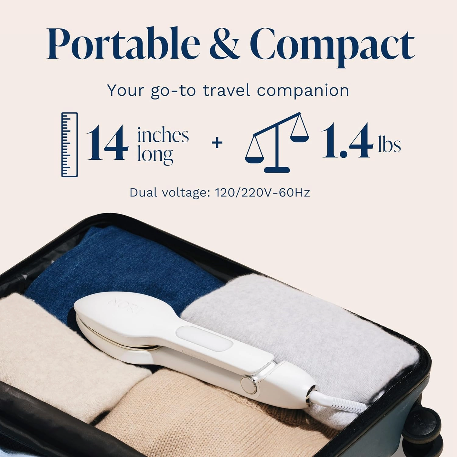 Nori Press Travel Steam Iron - Handheld Iron With Optional Steam Feature - No Ironing Board Required - Easy to Use w/ 6 Fabric Settings - Removes Wrinkles - White