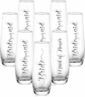 NUPTIO Champagne Glasses Bridal Shower Gift: Set of 8 Stemless Party Prosecco Flutes Tumbler Bride Bridesmaid Maid of Honor Wedding Clear Silver Embossed