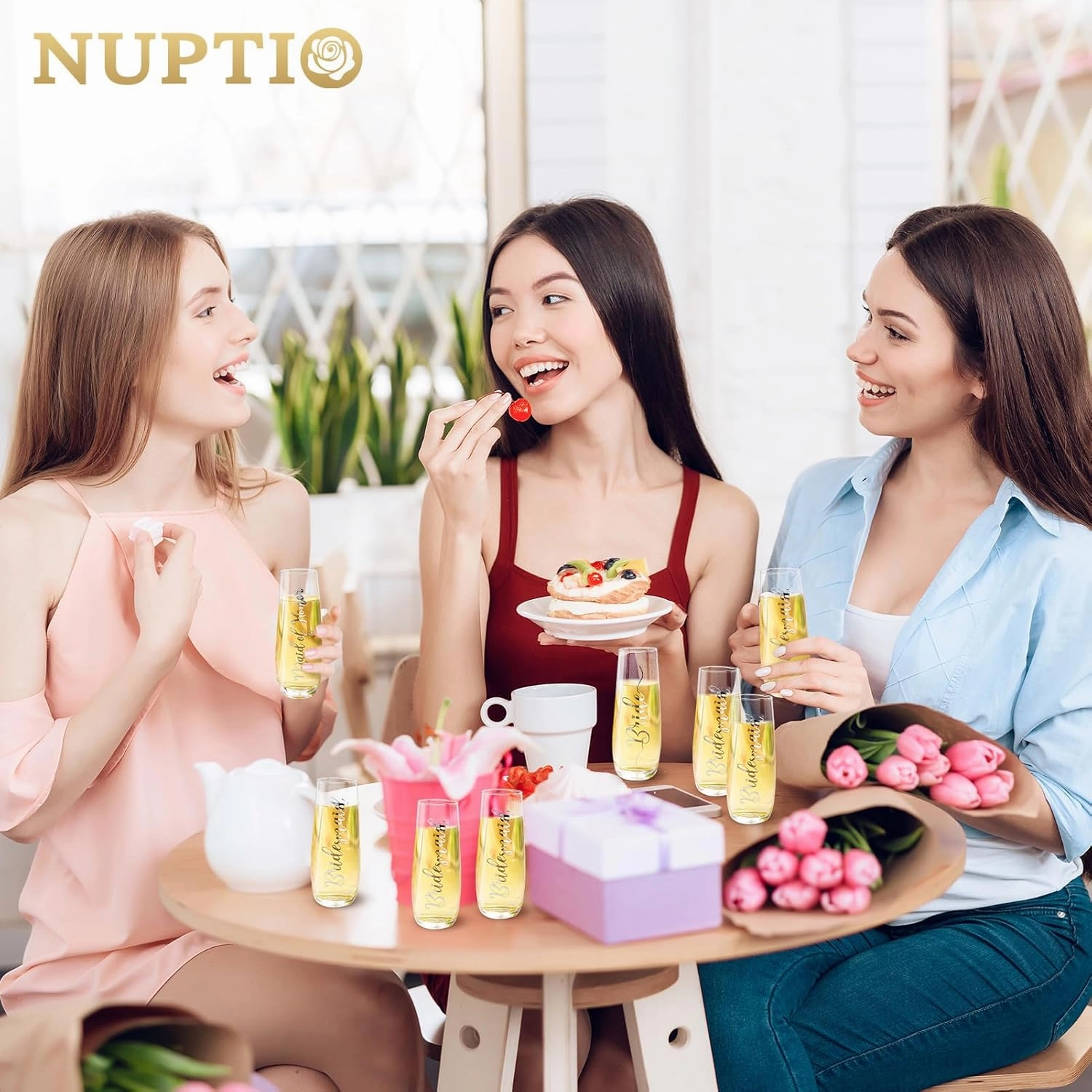 NUPTIO Champagne Glasses Bridal Shower Gift: Set of 8 Stemless Party Prosecco Flutes Tumbler Bride Bridesmaid Maid of Honor Wedding Clear Silver Embossed