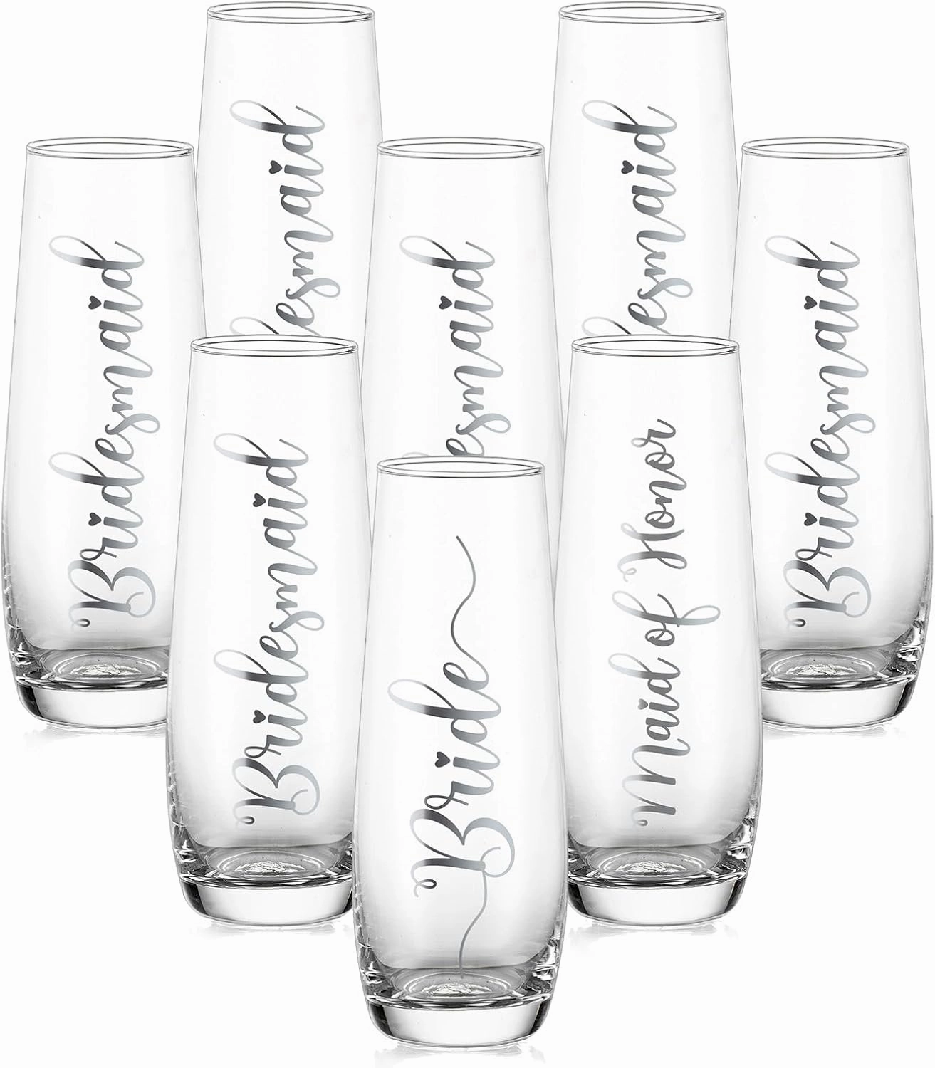 NUPTIO Champagne Glasses Bridal Shower Gift: Set of 8 Stemless Party Prosecco Flutes Tumbler Bride Bridesmaid Maid of Honor Wedding Clear Silver Embossed