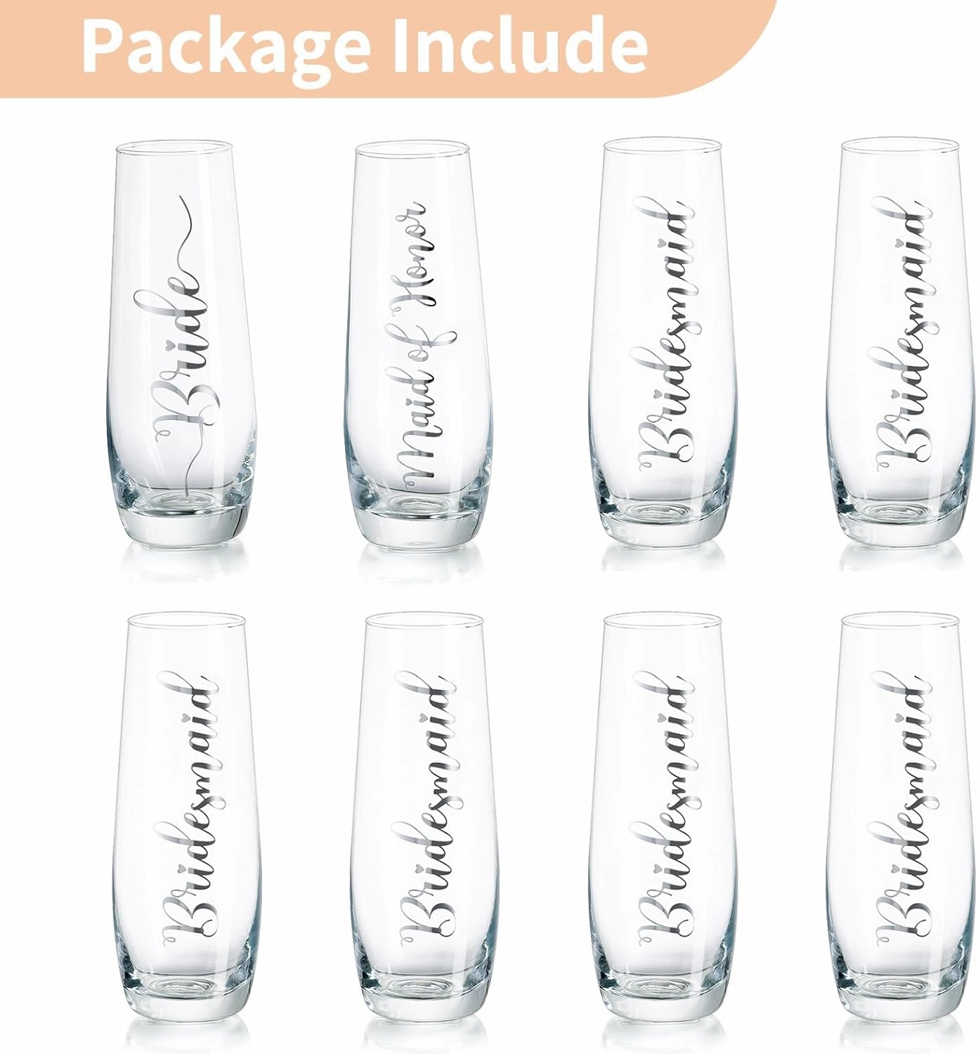 NUPTIO Champagne Glasses Bridal Shower Gift: Set of 8 Stemless Party Prosecco Flutes Tumbler Bride Bridesmaid Maid of Honor Wedding Clear Silver Embossed