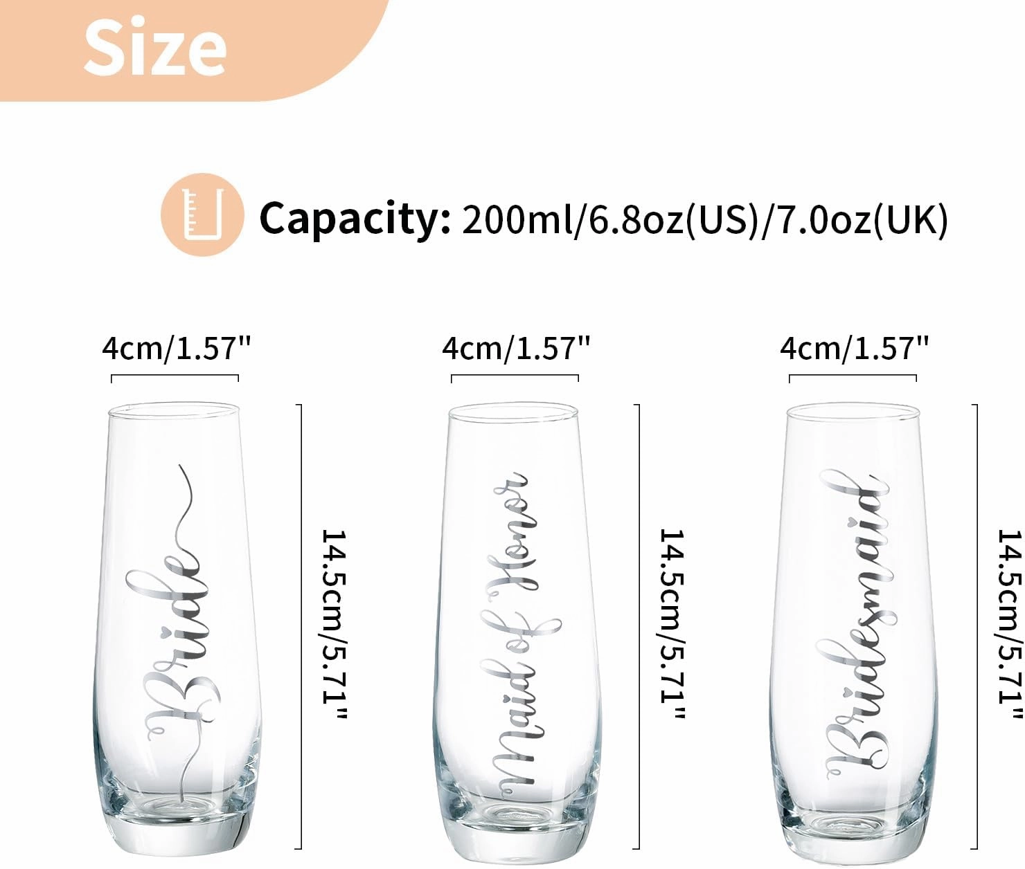NUPTIO Champagne Glasses Bridal Shower Gift: Set of 8 Stemless Party Prosecco Flutes Tumbler Bride Bridesmaid Maid of Honor Wedding Clear Silver Embossed