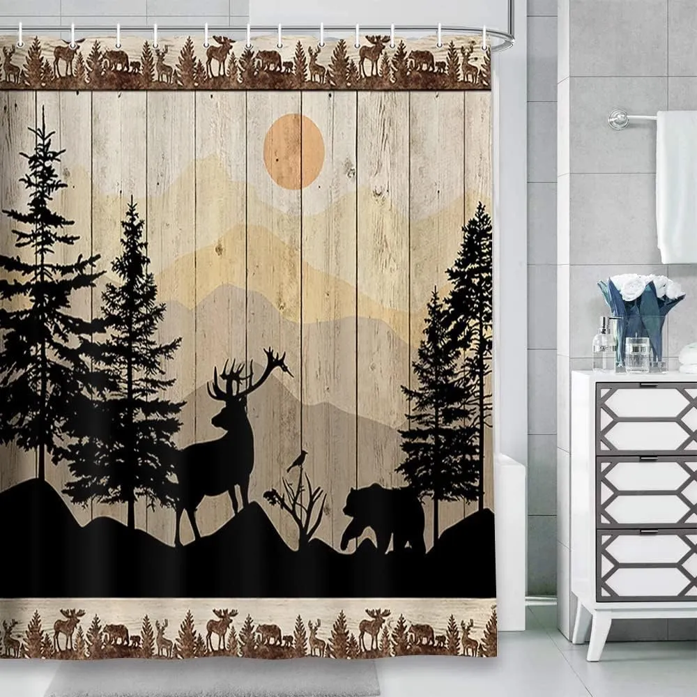 NYMB Cabin Shower Curtain, Rustic Shower Curtain Set, Cute Bear Deer Forest Print on Country Farmhouse Lodge Wooden Board Cloth Shower Curtains Bathroom Accessories with 12 Hooks, Tan Brown, (36X72)