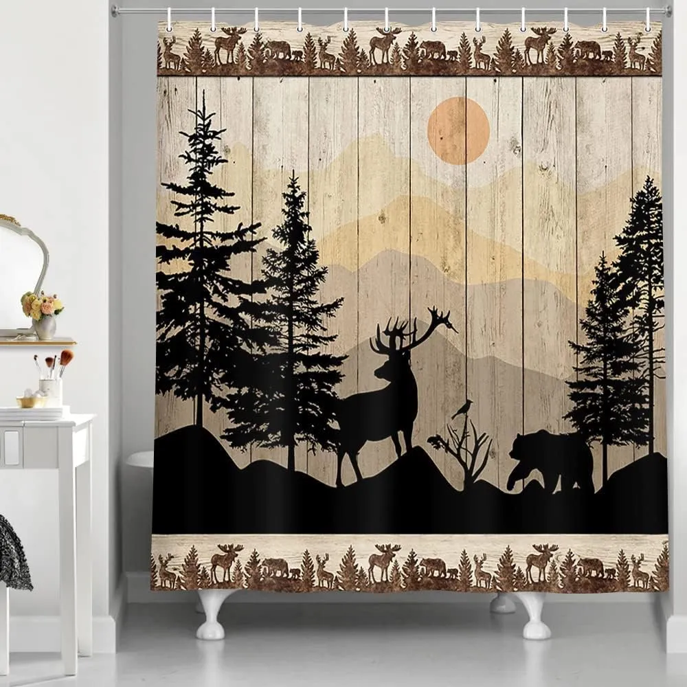 NYMB Cabin Shower Curtain, Rustic Shower Curtain Set, Cute Bear Deer Forest Print on Country Farmhouse Lodge Wooden Board Cloth Shower Curtains Bathroom Accessories with 12 Hooks, Tan Brown, (36X72)