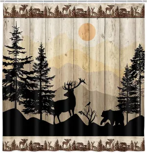 NYMB Cabin Shower Curtain, Rustic Shower Curtain Set, Cute Bear Deer Forest Print on Country Farmhouse Lodge Wooden Board Cloth Shower Curtains Bathroom Accessories with 12 Hooks, Tan Brown, (36X72)
