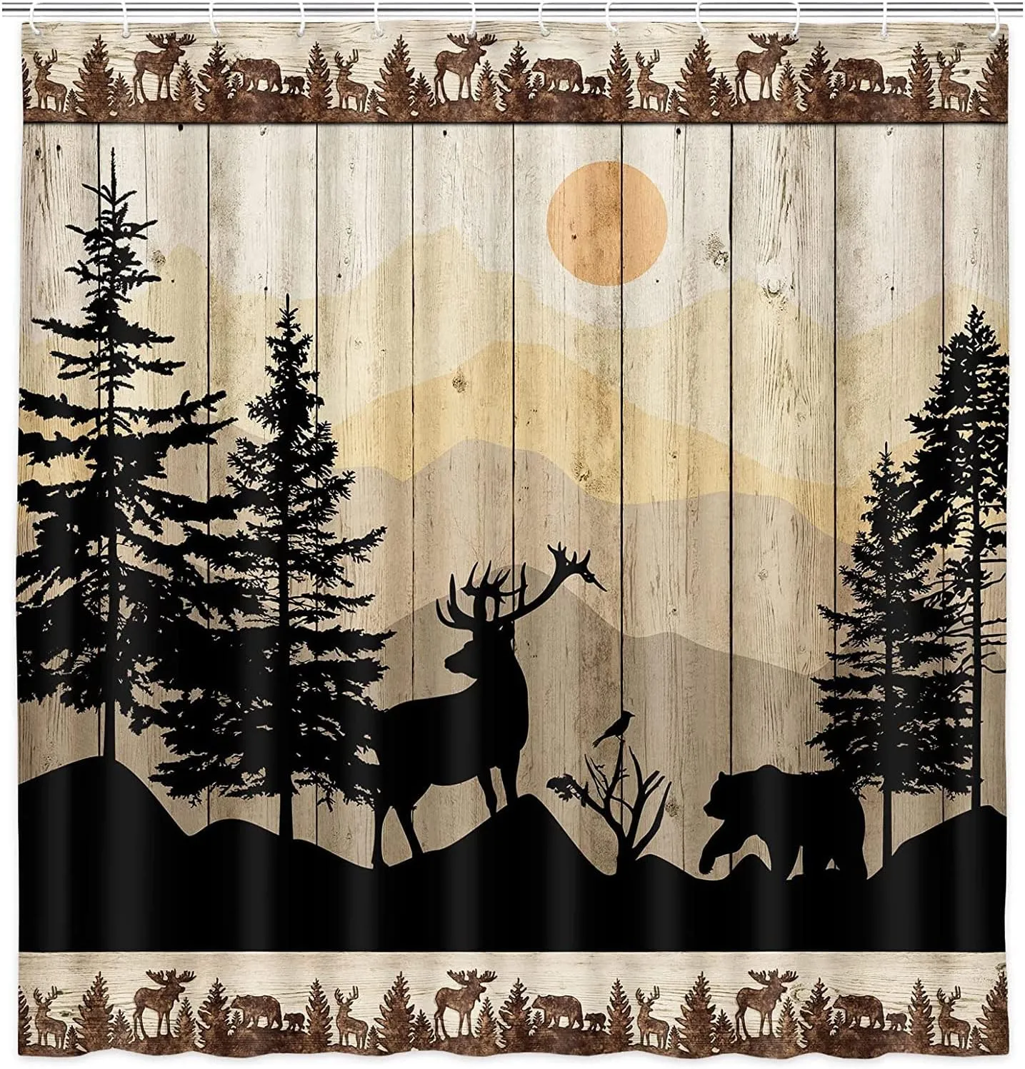 NYMB Cabin Shower Curtain, Rustic Shower Curtain Set, Cute Bear Deer Forest Print on Country Farmhouse Lodge Wooden Board Cloth Shower Curtains Bathroom Accessories with 12 Hooks, Tan Brown, (36X72)