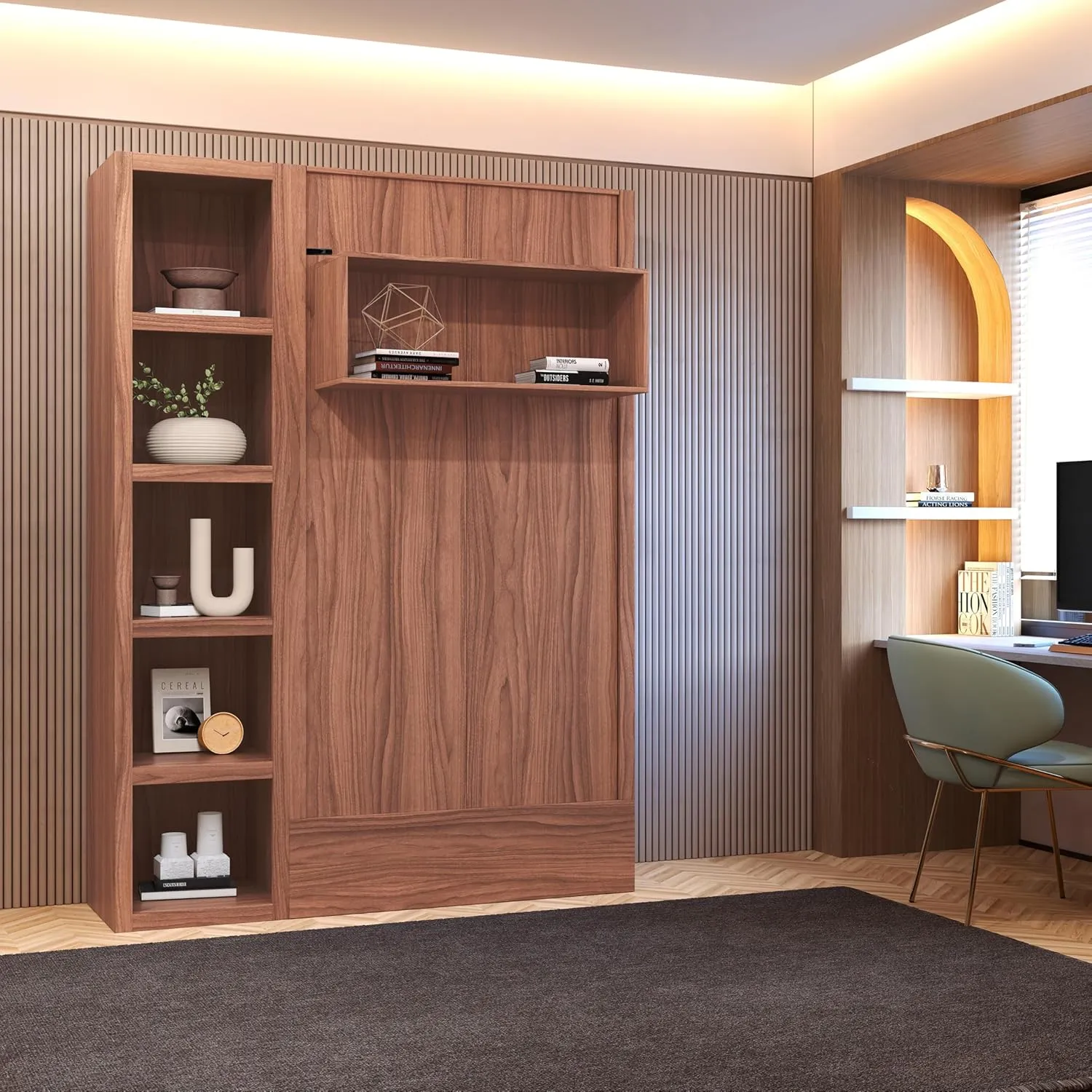 Oakland Living Easy-Lift Twin Murphy Wall Bed in Natural Brown Wood Grain with Bookshelf