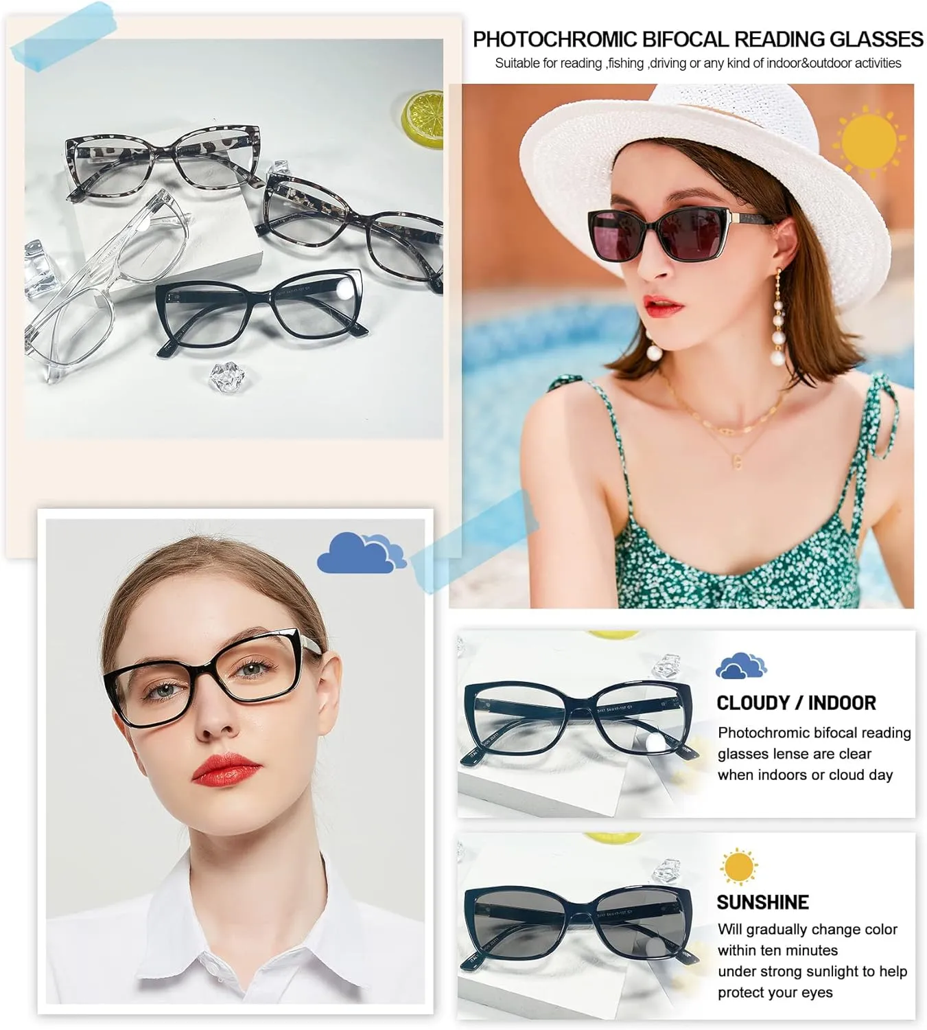 OCCI CHIARI Transition Photochromic Bifocal Reading Glasses for Womens,Square Clear UV Protection Sunglasses Readers