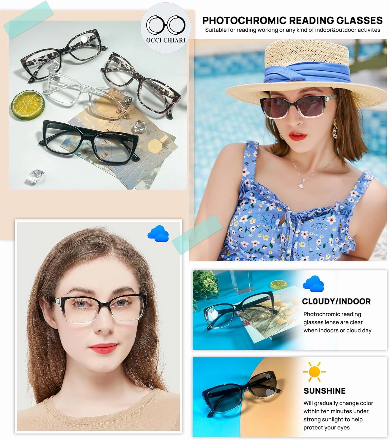 OCCI CHIARI Blue Light Blocking Photochromic Reading Glasses 2.0 Large Sunglasses Readers(1.0 1.5 2.0 2.5 3.0 3.5 4.0)