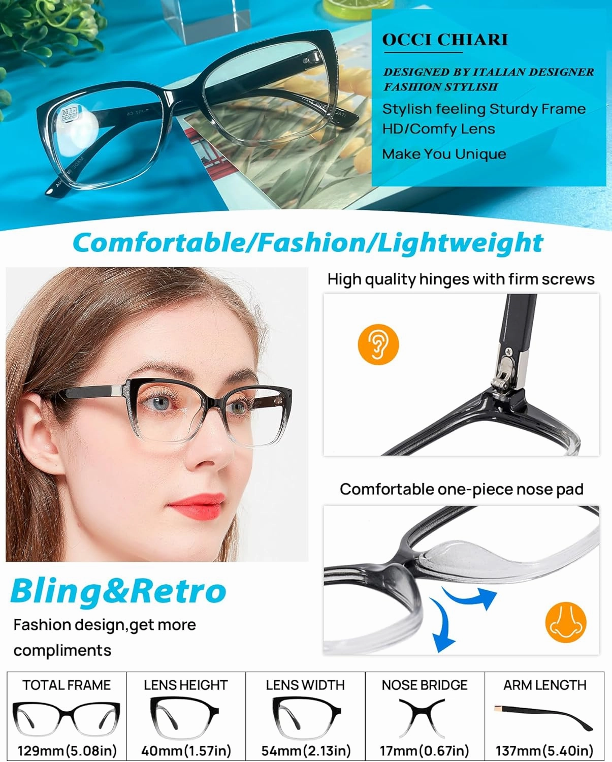 OCCI CHIARI Blue Light Blocking Photochromic Reading Glasses 2.0 Large Sunglasses Readers(1.0 1.5 2.0 2.5 3.0 3.5 4.0)