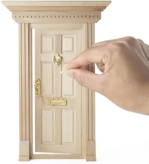 Odoria Dollhouse Front Door Miniature: 5Pcs 1/12 Scale Fairy Garden Panel Doors Vintage Trims for Elf Outdoor - Mini Golden Knocker Lock Mail Slot Set - Tiny Unfinished Furniture Wood, Inswing
