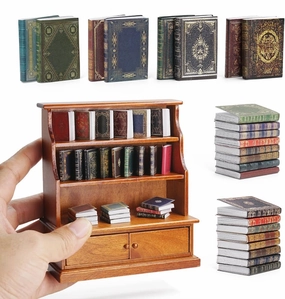 Odoria Dollhouse Bookcase with Books Miniature: 49Pcs 1/12 Scale Victorian Paper Notebooks for Antique Vintage Living Room Library Office - Mini Bookshelf Brown Furniture with School Supplies