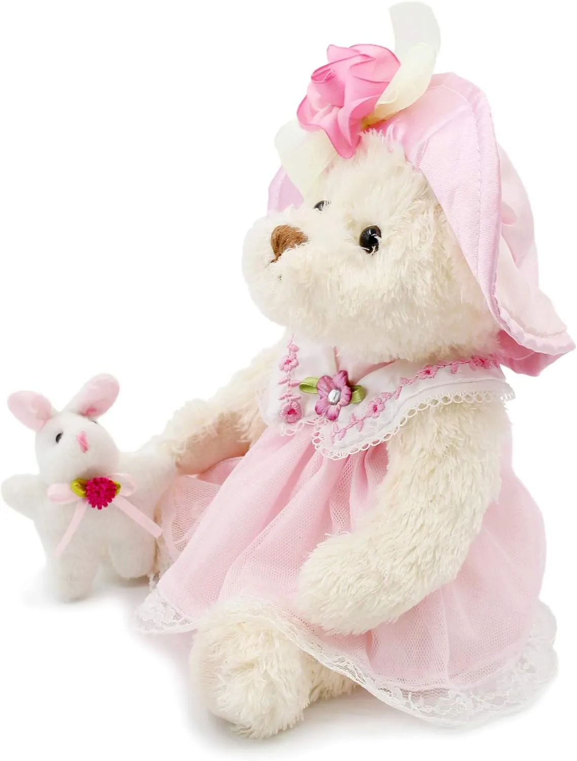 Oitscute Small Baby Teddy Bear with Cloth Cute Stuffed Animal Soft Plush Toy 10" (Pink lace Dress with Rabbit)