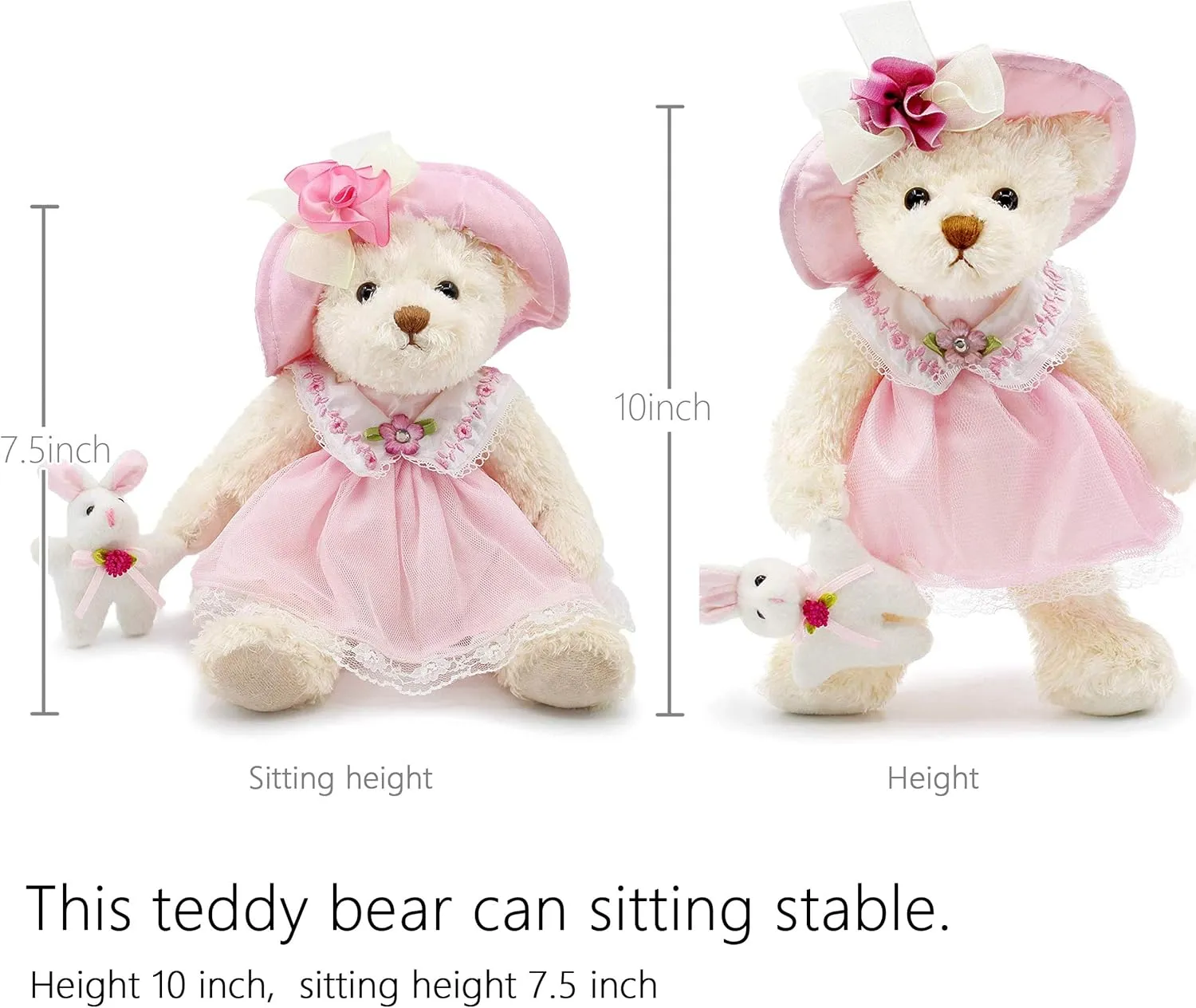Oitscute Small Baby Teddy Bear with Cloth Cute Stuffed Animal Soft Plush Toy 10" (Pink lace Dress with Rabbit)