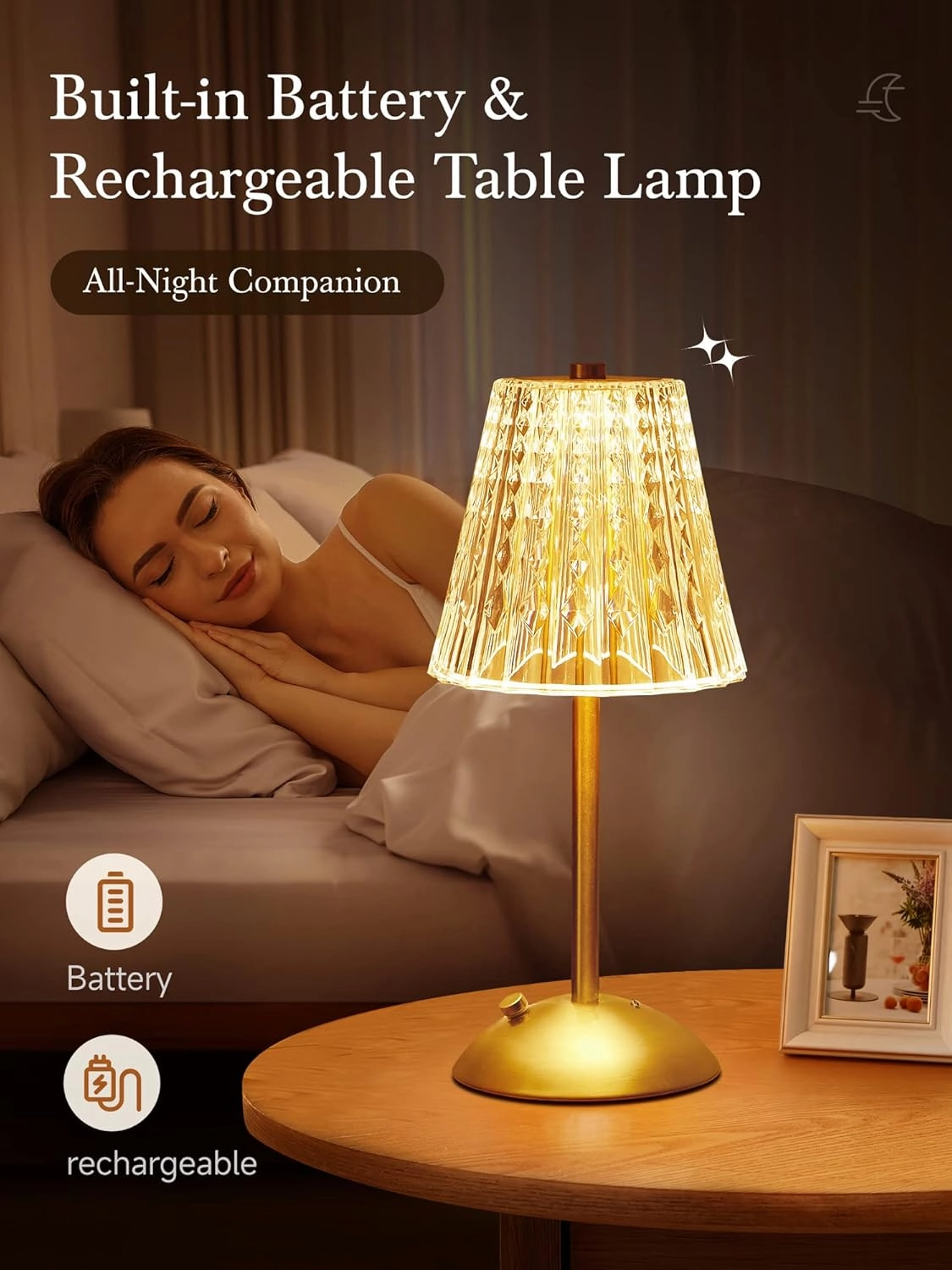 One Fire Nightstand Lamps Set of 2, Dimmable Crystal Table Lamp 3 Colors Gold Lamp,Touch Lamp Bedroom Lamps, Rechargeable Small Lamp, Bedside Lamps Set of 2 for Bedroom Living Room Bathroom Hotel Bar