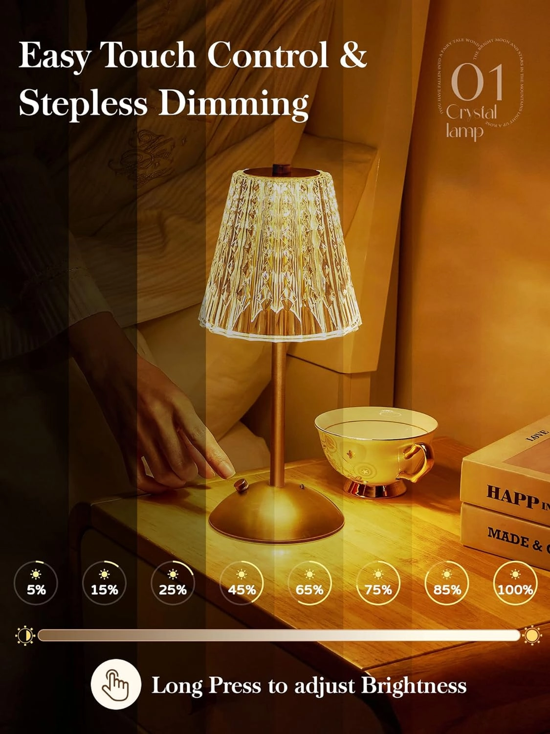 One Fire Nightstand Lamps Set of 2, Dimmable Crystal Table Lamp 3 Colors Gold Lamp,Touch Lamp Bedroom Lamps, Rechargeable Small Lamp, Bedside Lamps Set of 2 for Bedroom Living Room Bathroom Hotel Bar