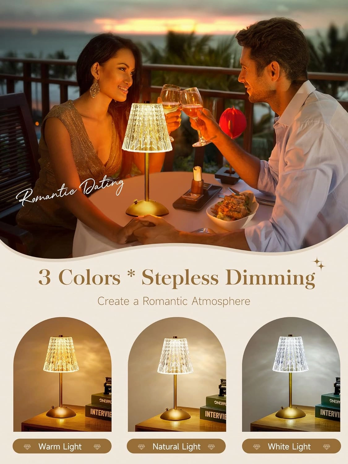 One Fire Nightstand Lamps Set of 2, Dimmable Crystal Table Lamp 3 Colors Gold Lamp,Touch Lamp Bedroom Lamps, Rechargeable Small Lamp, Bedside Lamps Set of 2 for Bedroom Living Room Bathroom Hotel Bar